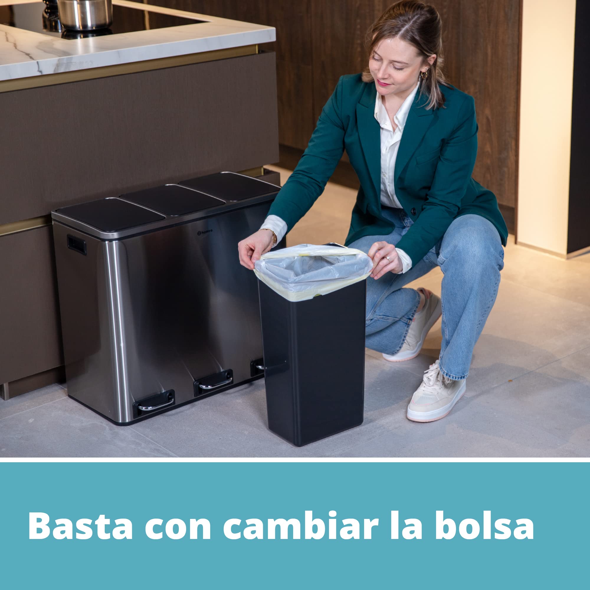 Homra Sparq - Papelera de reciclaje con 3 compartimentos, 54 L (3 x 18 litros) - Cubo triple grande - Cubo de basura con diseño de acero inoxidable