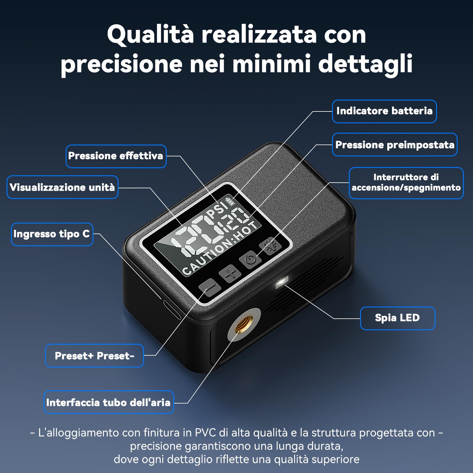 Mini Pompa Elettrica Bici Silenziosa 120 Psi Gonfiaggio Rapido 50s Compatibile Valvole Presta Schrader