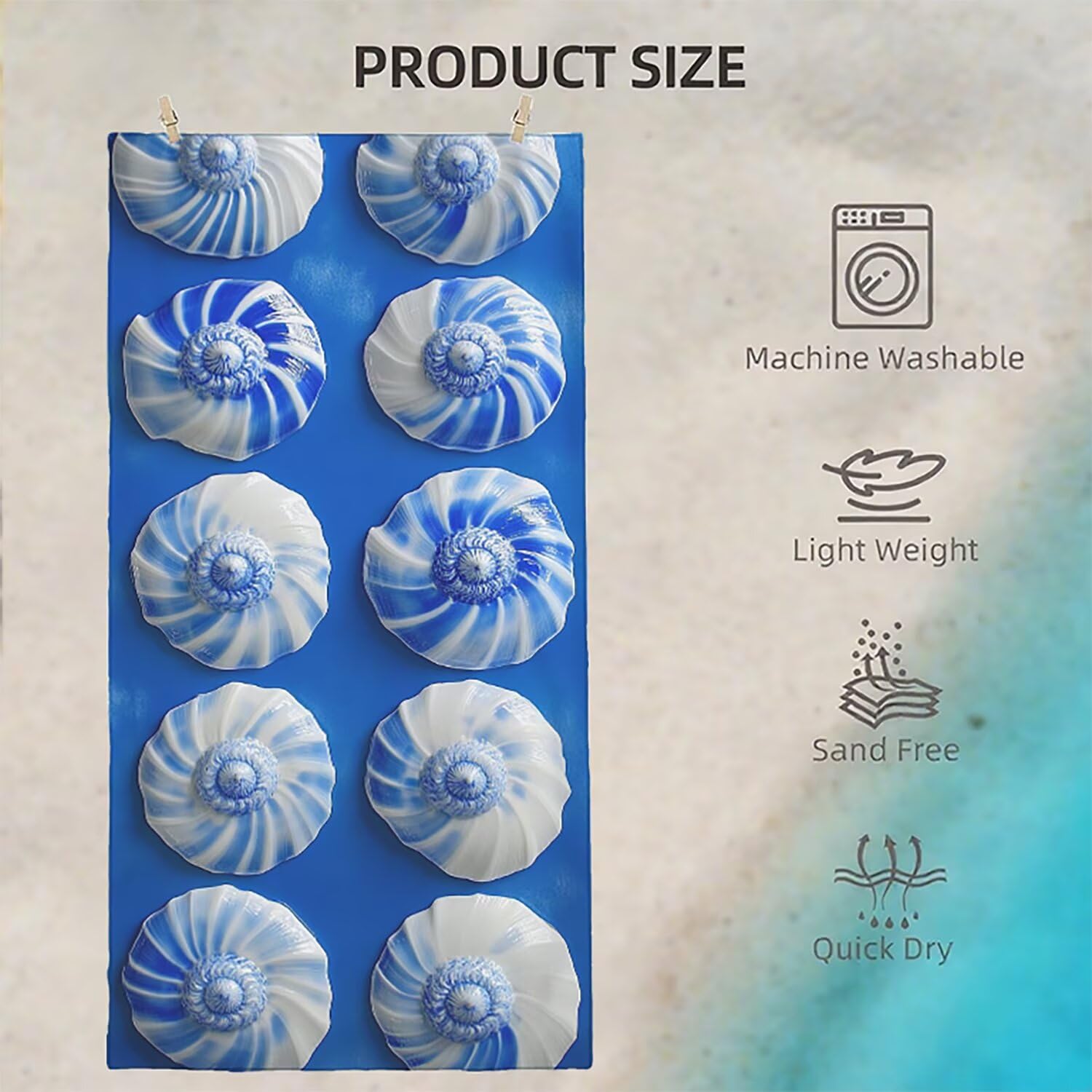 Toalla Playa Microfibra 150x200 Caparazón Diseño Absorbente Sin Arena Toalla Playa, con Cuerda Elástica, Ligero, Hombre, Mujer Ideal Toallas de Baño, Aplicable Gimnasio,Viajes, Natación, Azul p-422