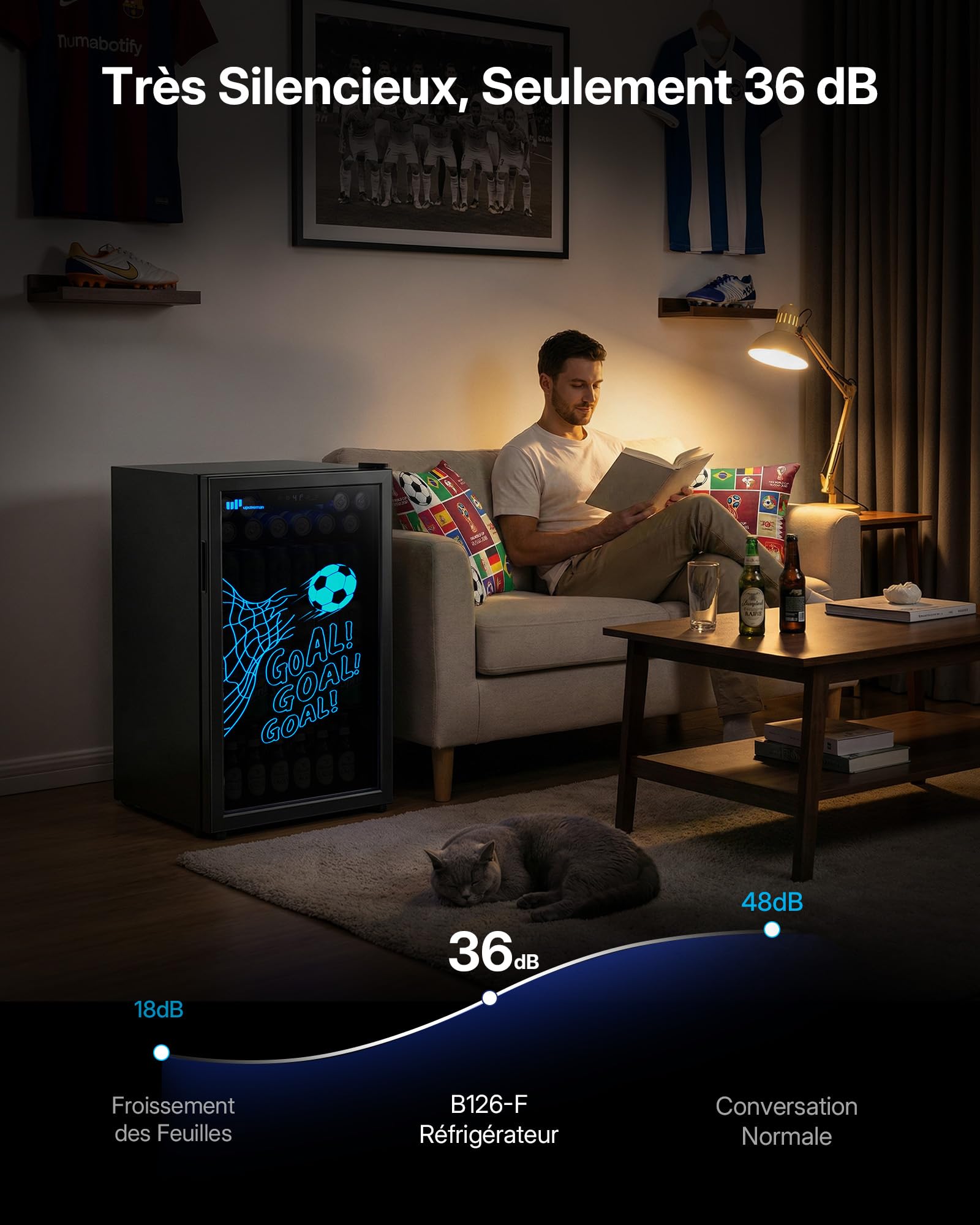 Upstreman Réfrigérateur à Boissons 91  L Avec Porte Vitrée, Mini Frigo Pour 126 Canettes, LED Motif Football, Avec Étagères Amovibles pour Bière, Vin et Soda, Idéal pour Maison, Bar, Bureau