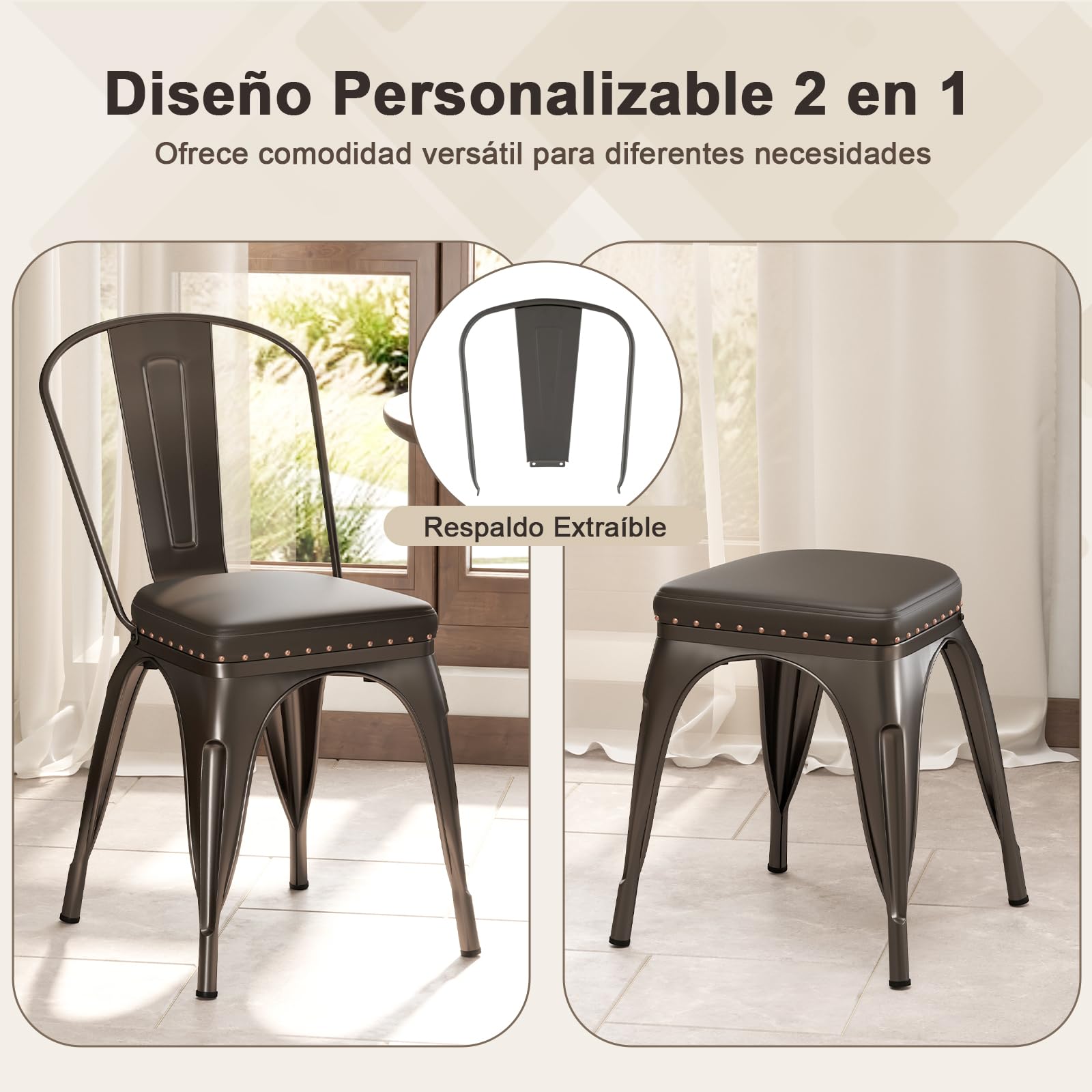 GIANTEX Juego de 4 Sillas de Comedor de Metal Apilables, Asiento Acolchado y Respaldo Desmontable, Carga hasta 150 kg, Sillas de Estilo Industrial para Restaurante, Cafetería, Bistró (Marrón)