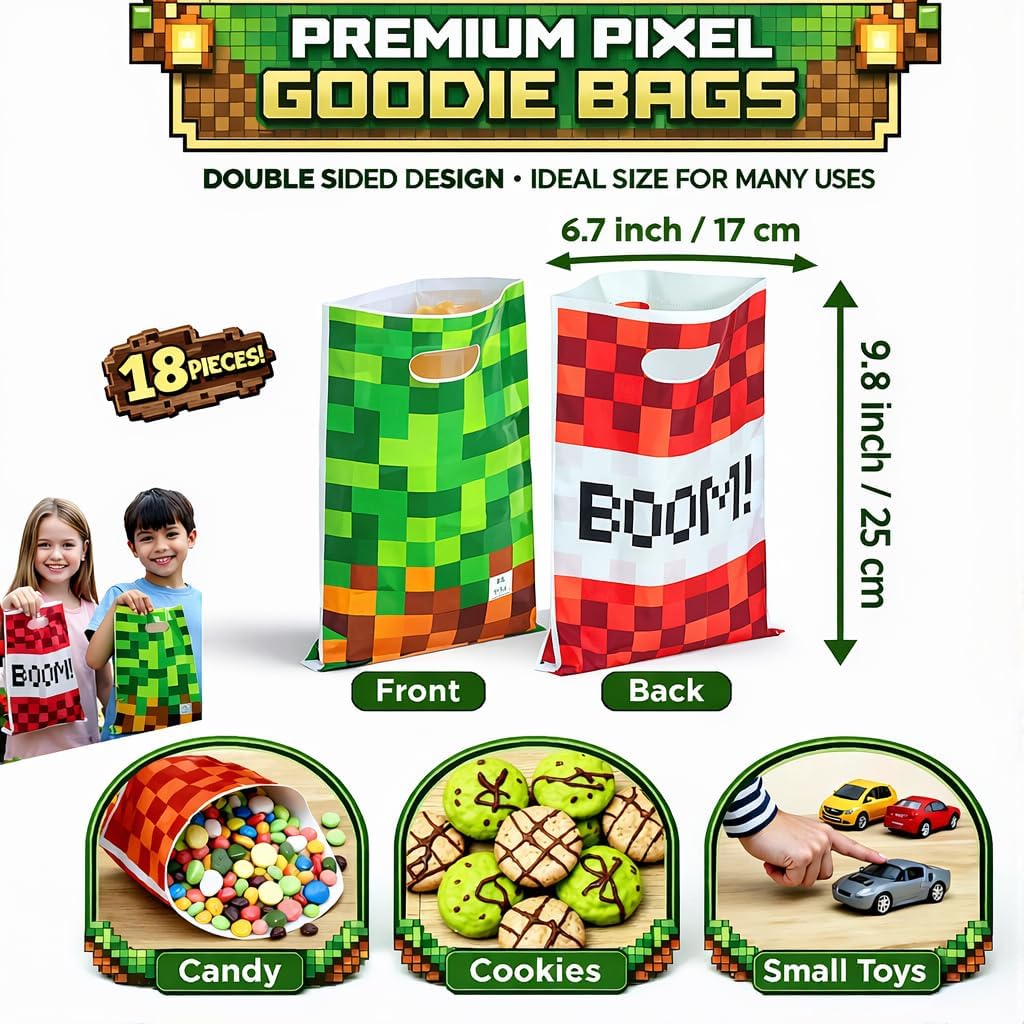 Pixel Game Birthday Party Decorations - Miner Supplies Set Gaming Theme - Including Banner Balloons Tablecloth Plates Toppers Napkins Favor Bags - Mining Bday Pack Craft Decor Kit Boys Girls