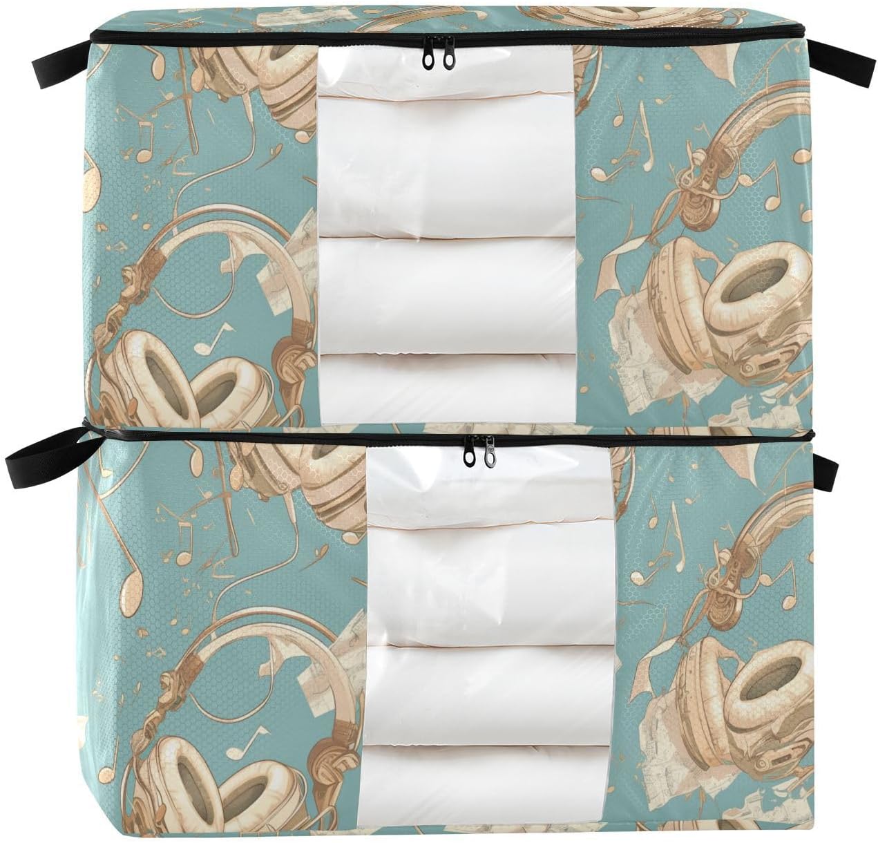 Blue and White Cartoon Headphones 60/95 L zippered bedroom storage with Reinforced Handles, clear window under bed organizer for King Comforter Bedding Pillow Sheet