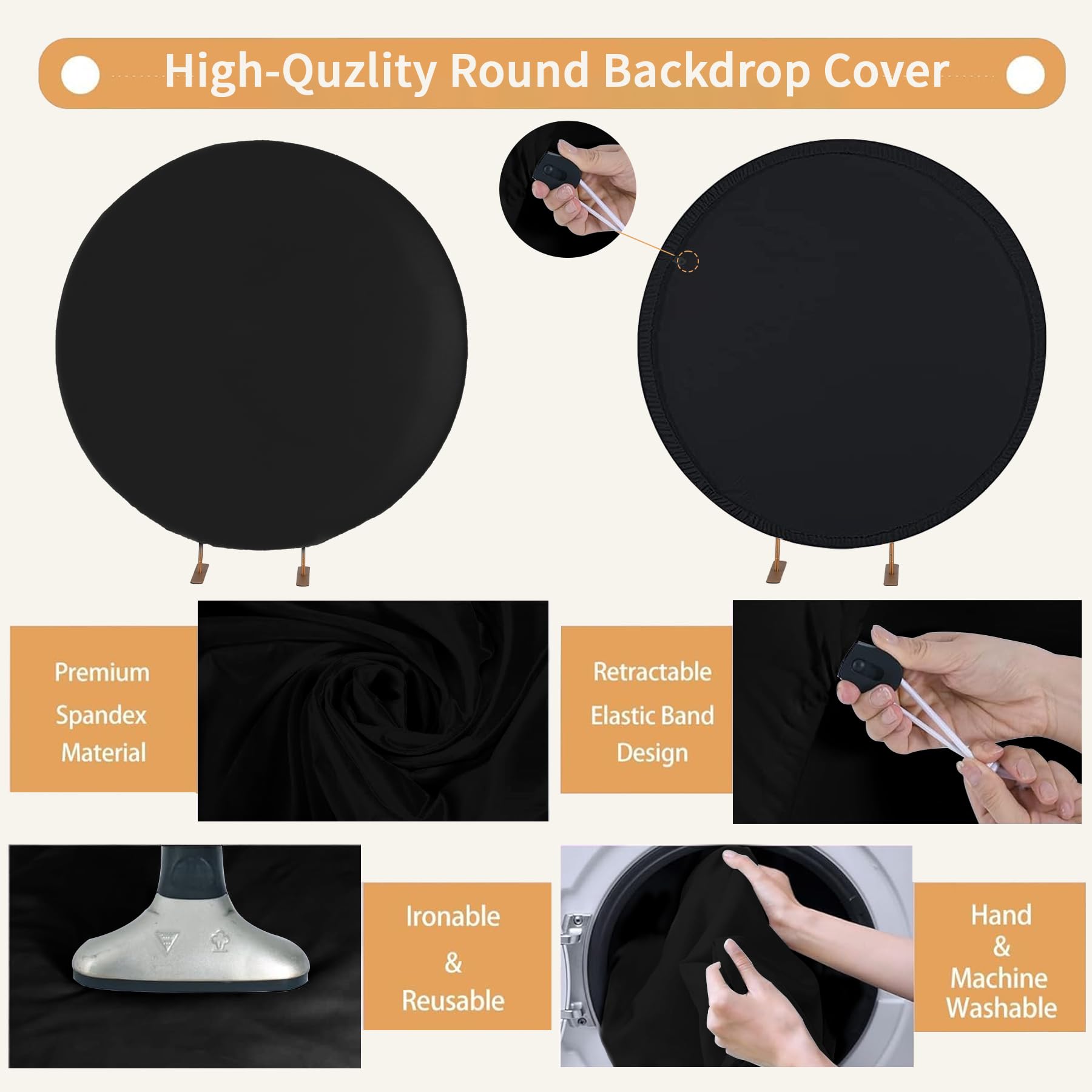 Haefoo 7.2FT Black Round Backdrop Cover for 5 to 7.2ft Circle Arch Stand - Adjustable Wrinkle Free Circle Backdrop Cover for Birthday, Wedding, Baby Shower Photography Party Background Decor