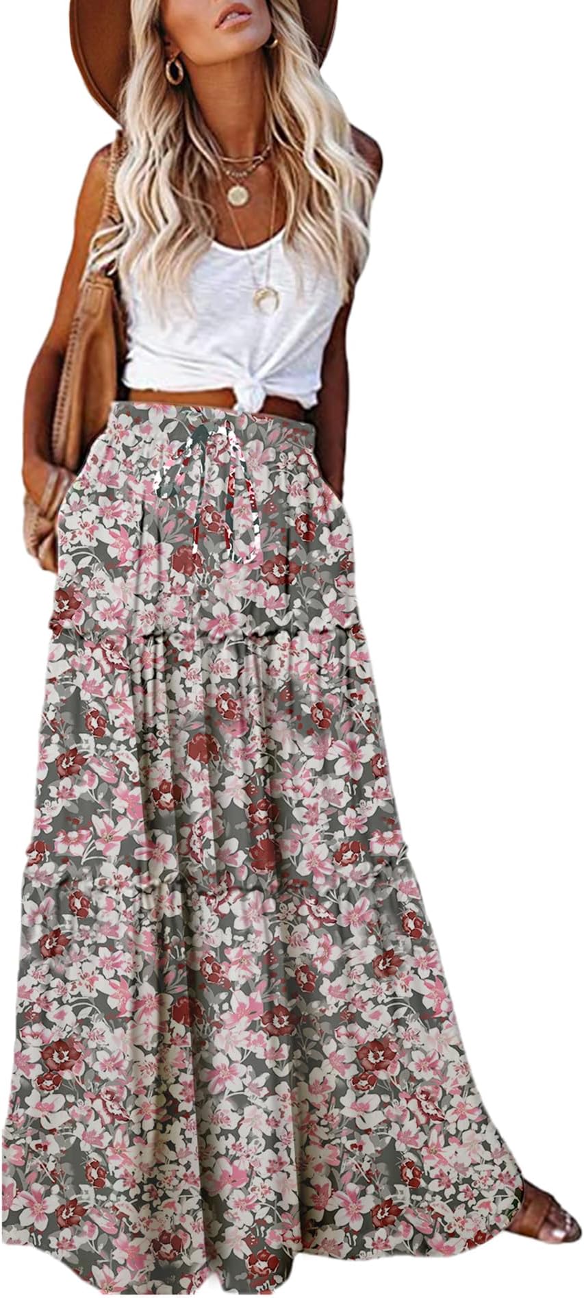 Womens Casual High Waist Tiered Paisley Print Long Maxi Skirt with Pockets
