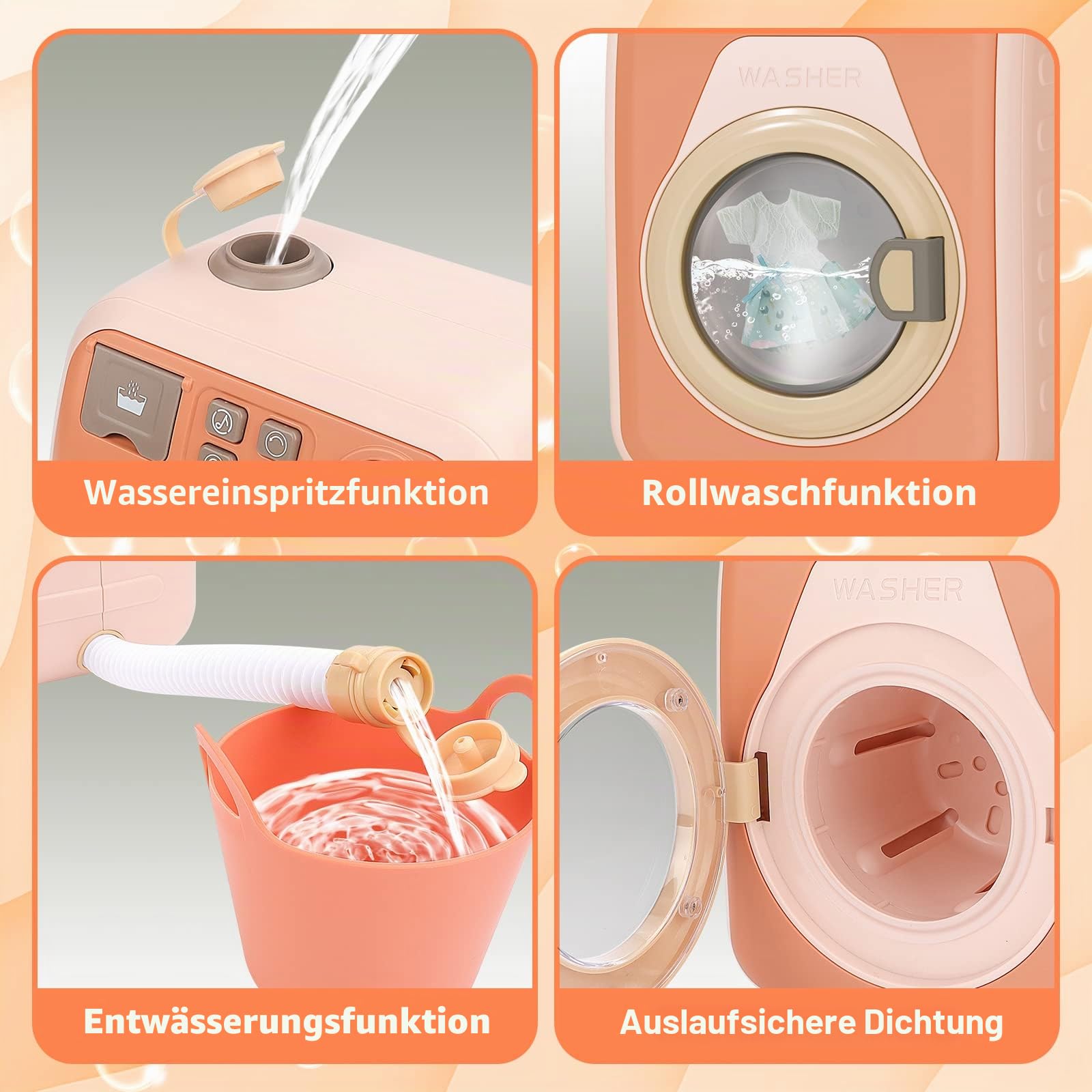 deAO Waschmaschine Spielzeug für Kinder, Mini Simulationswaschmaschine mit 4 Programmen, Rotierender Waschtrommel, Licht, Ton, Washe Spielzeug Kinderwaschmaschine mit Zubehör für Kinder (Braun)