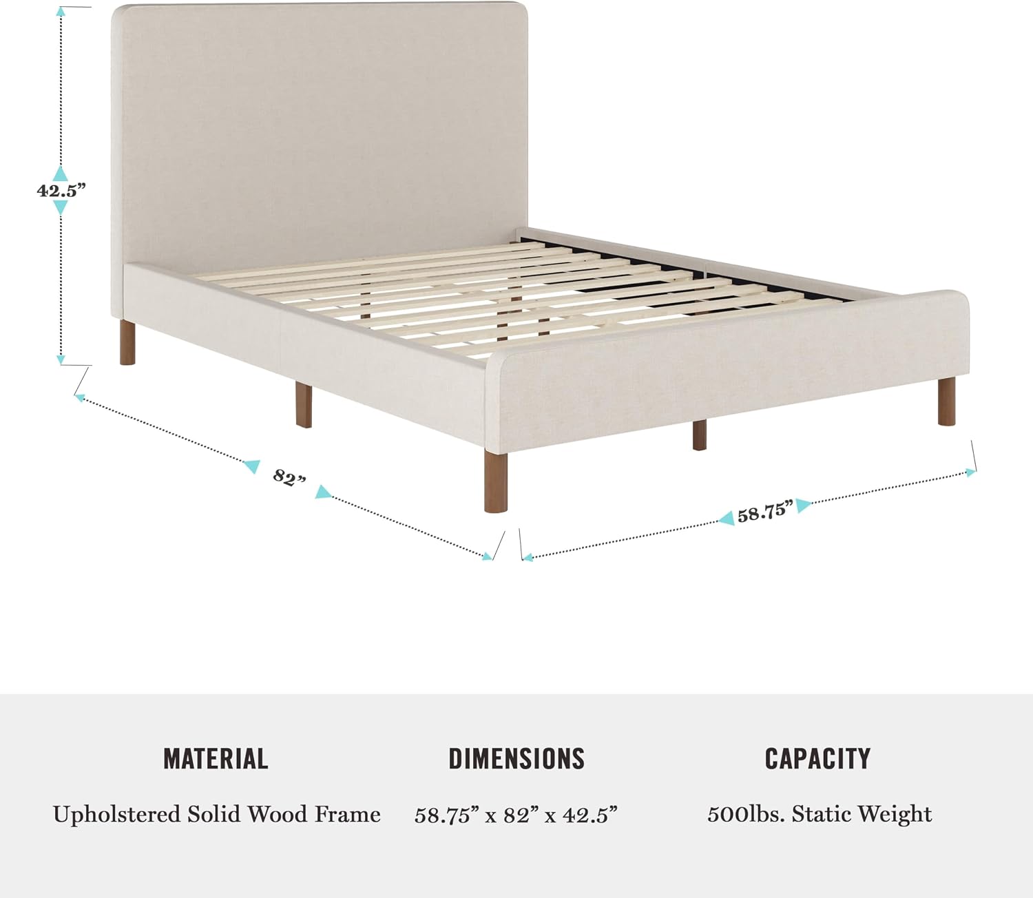 Martha Stewart Britta Platform Bed with Headboard & Footboard, Faux Linen Upholstery with Piping Detail, Rounded Headboard, No Box Spring Needed, Full, Beige