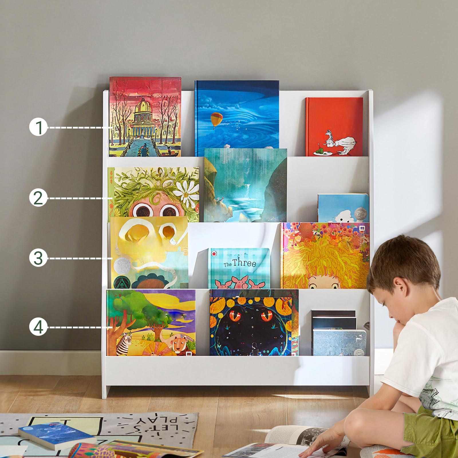 SoBuy Regał Dziecięcy na Książki i Leksaki z 4 Półkami, Półka na Książki dla Niemowląt, Przechowywanie Zabawek, Biała 80x30x88 cm KMB32-W
