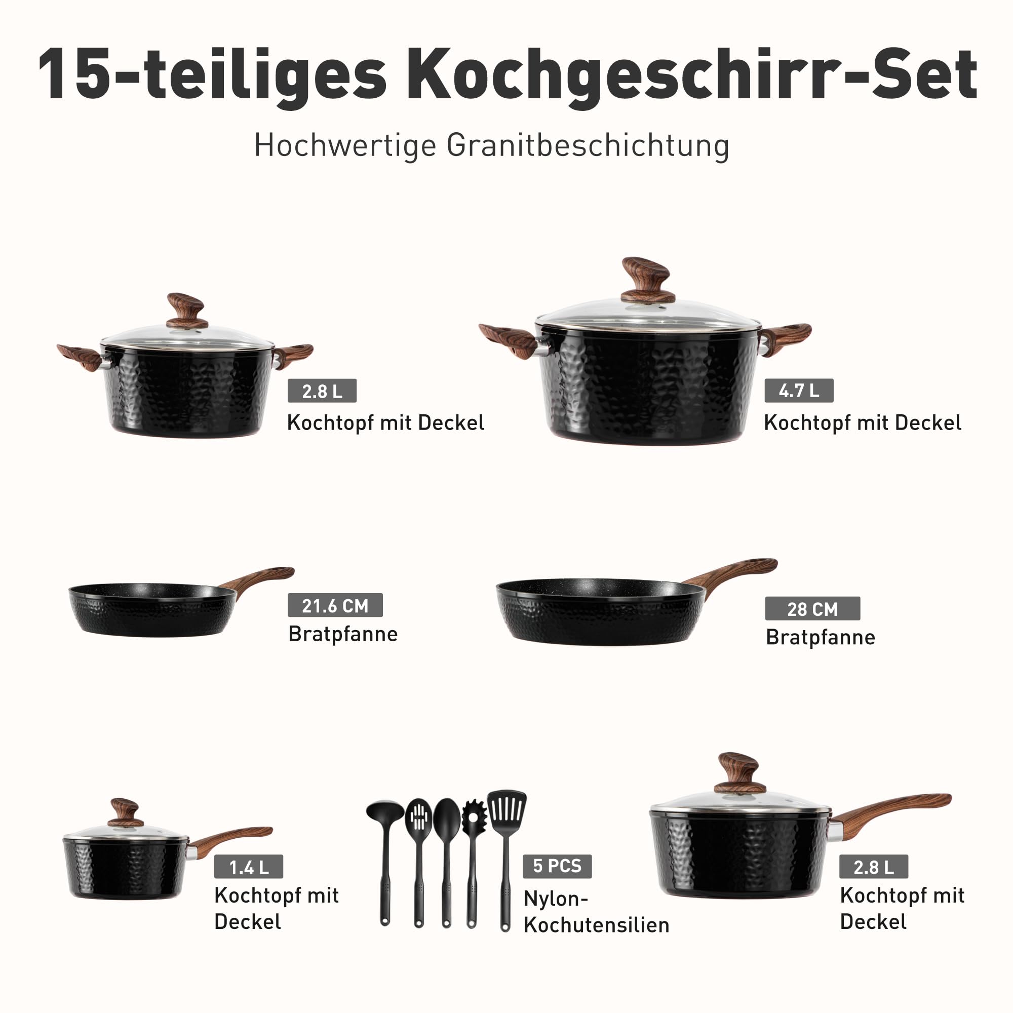 Kitchen Academy Topfset Antihaft Beschichteter, Topf Induktion 15tlg | Töpfe Set Pfannenset Pfannen mit Glasdeckeln Granit Kochtopf Bratpfanne mit Deckel Kochtopfset für Alle Herdarten Schwarz