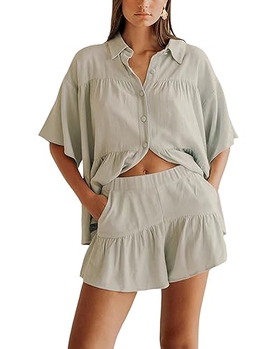 Qiaomai Womens 2 Piece Outfits Summer Ruffled Shirt and High