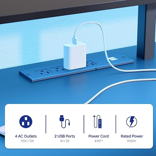 Miniatura 6 de Pamray Escritorio para juegos en forma de L de 64 pulgadas con tomas de corriente y luces LED, escritorio de esquina grande para computadora con