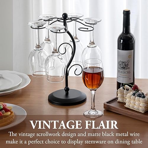 Miniatura 2 de MyGift Estante independiente de metal negro mate para copas de vino, soporte para vino de encimera, almacenamiento de copas para 6 vasos con