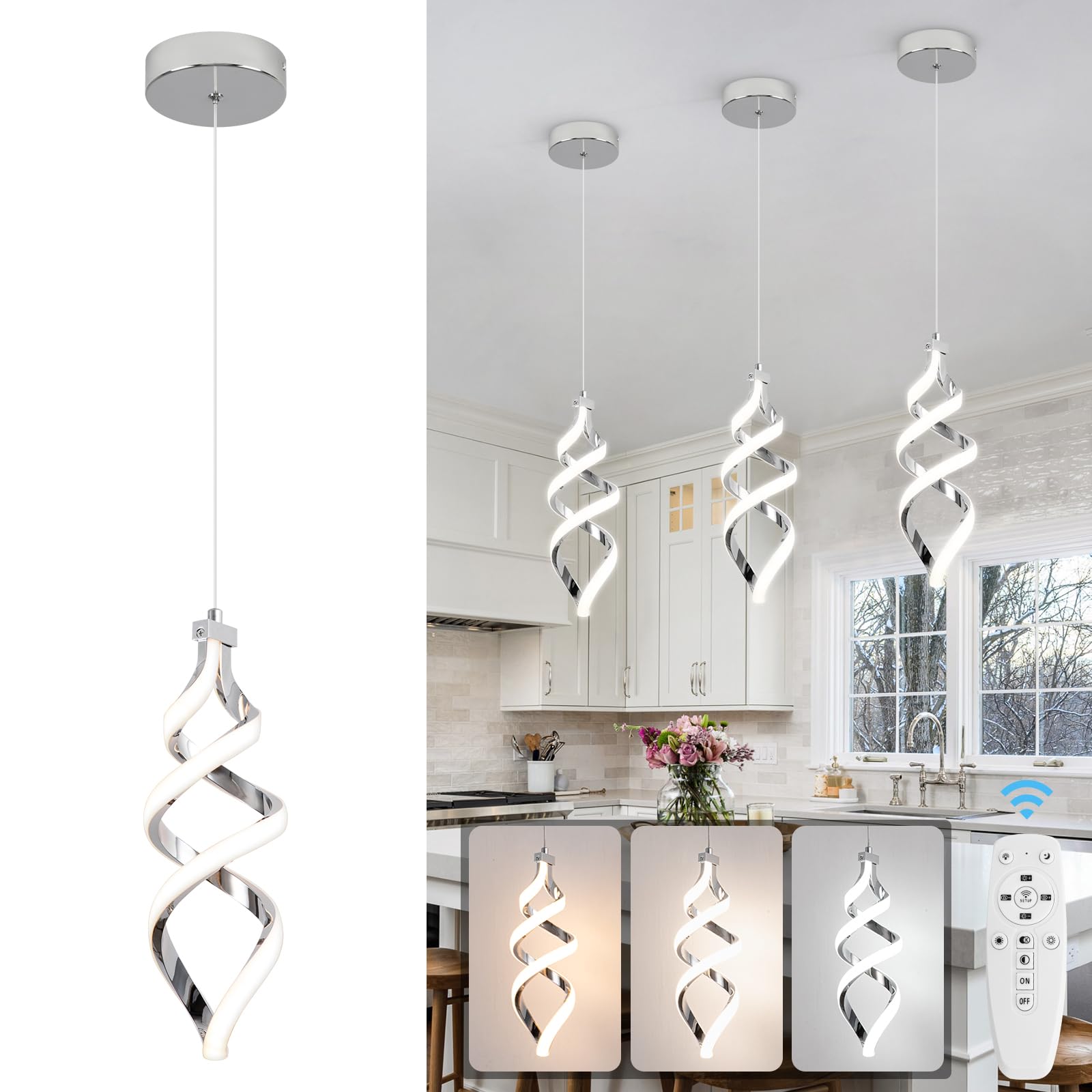 Photo 1 of Modern Led Pendant Light Fixture, 15W Chrome Spiral Led Chandelier Hanging Lamp, 3000K-6000K, Dimmable Pendant Lamp, Adjustable Height Pendant Light for Kitchen Island Dining Room Bedroom Cafe