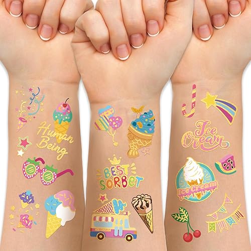 Tatuajes temporales de helado para niños, recuerdos de fiesta de verano, más de 80 estilos de tatuajes falsos metálicos para niños y niñas,