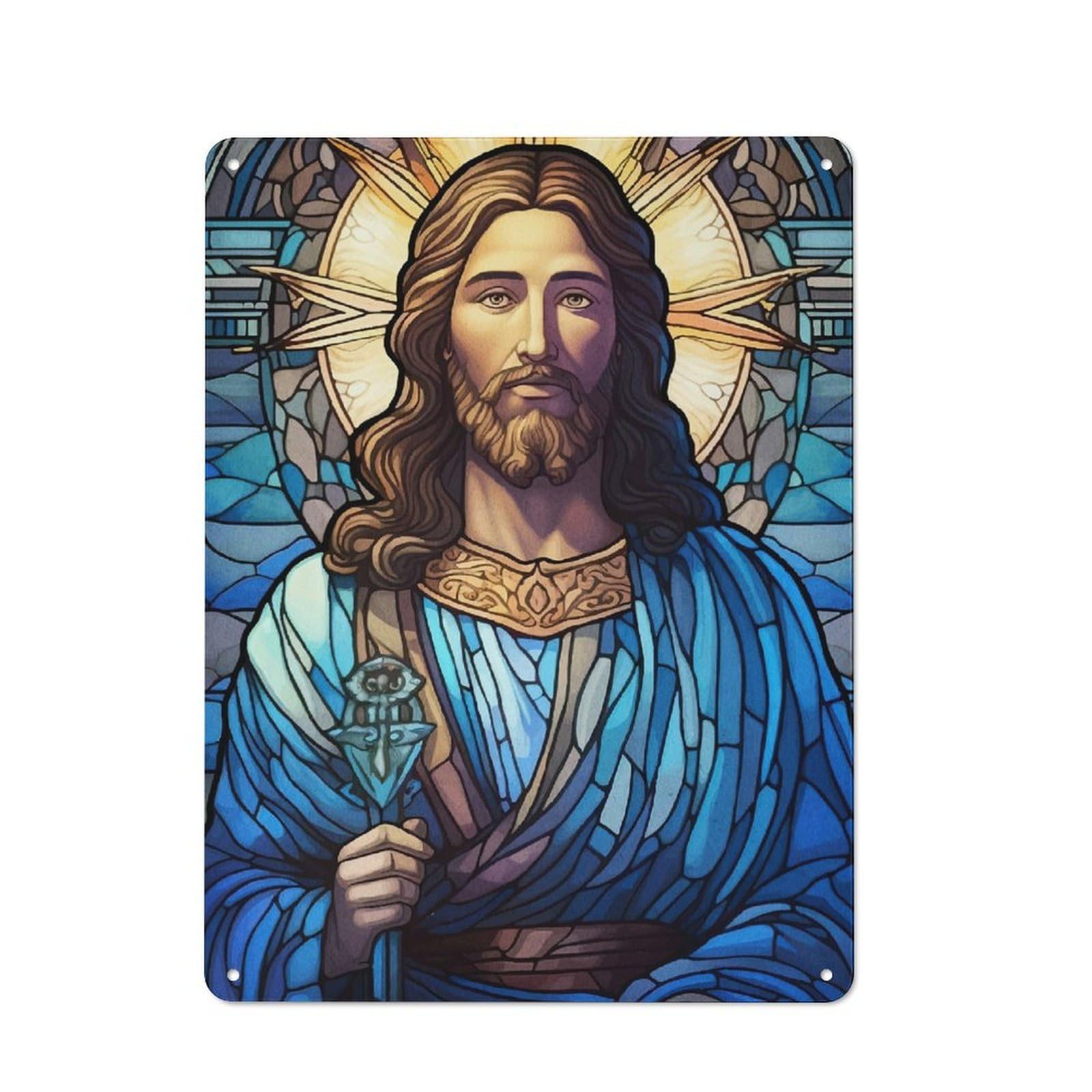 Junmoney Stained Glass Style Jesus Metal Plaque 40X30cm With For Home Bar Wall, Retro Decor, For Garage, Workshop And Man Cave Decoration
