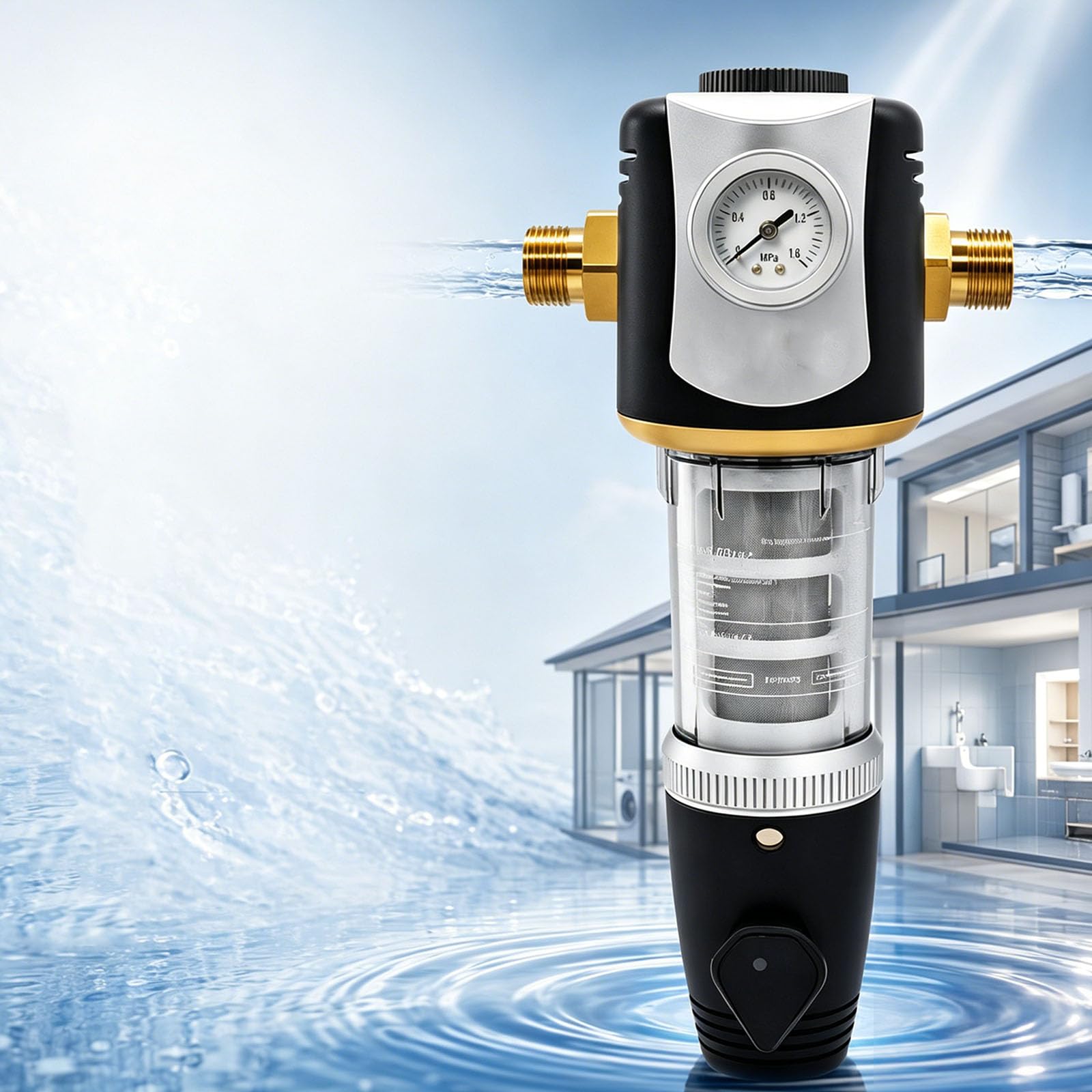 Prefiltro Acqua per Tutta la Casa, DN15 20 mm con Manometro, Rete in Acciaio Inox 316, Filtro Sedimenti 40 μm, Filtro Acqua a Controlavaggio ad Alta Portata 5000 L/h per Casa