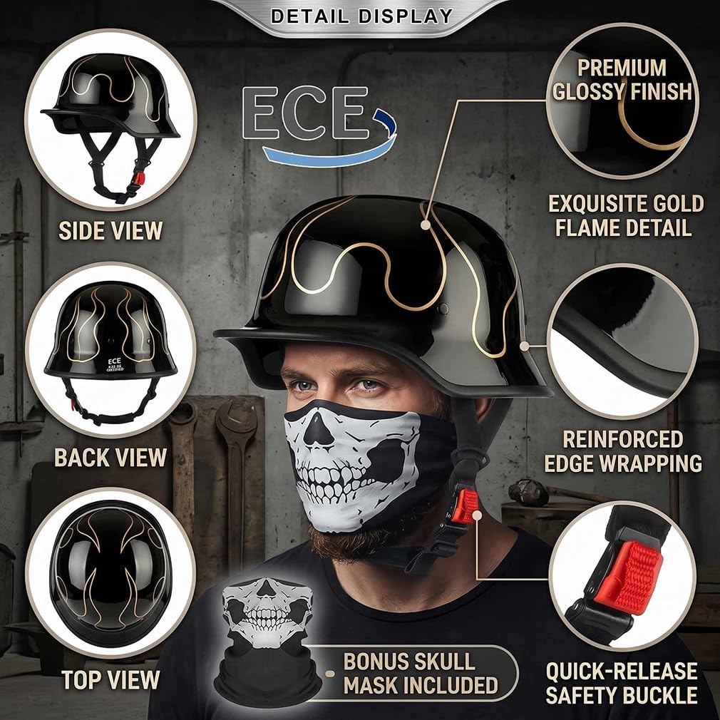 Deutscher Retro Halbschalenhelm Militärstil,ECE 22.06 geprüft,Leichte ABS-Schale mit Gesichtsmaske,Schnellverschluss,Unisex für Stadt Pendler und Cruiser,M-2XL(57-64cm)