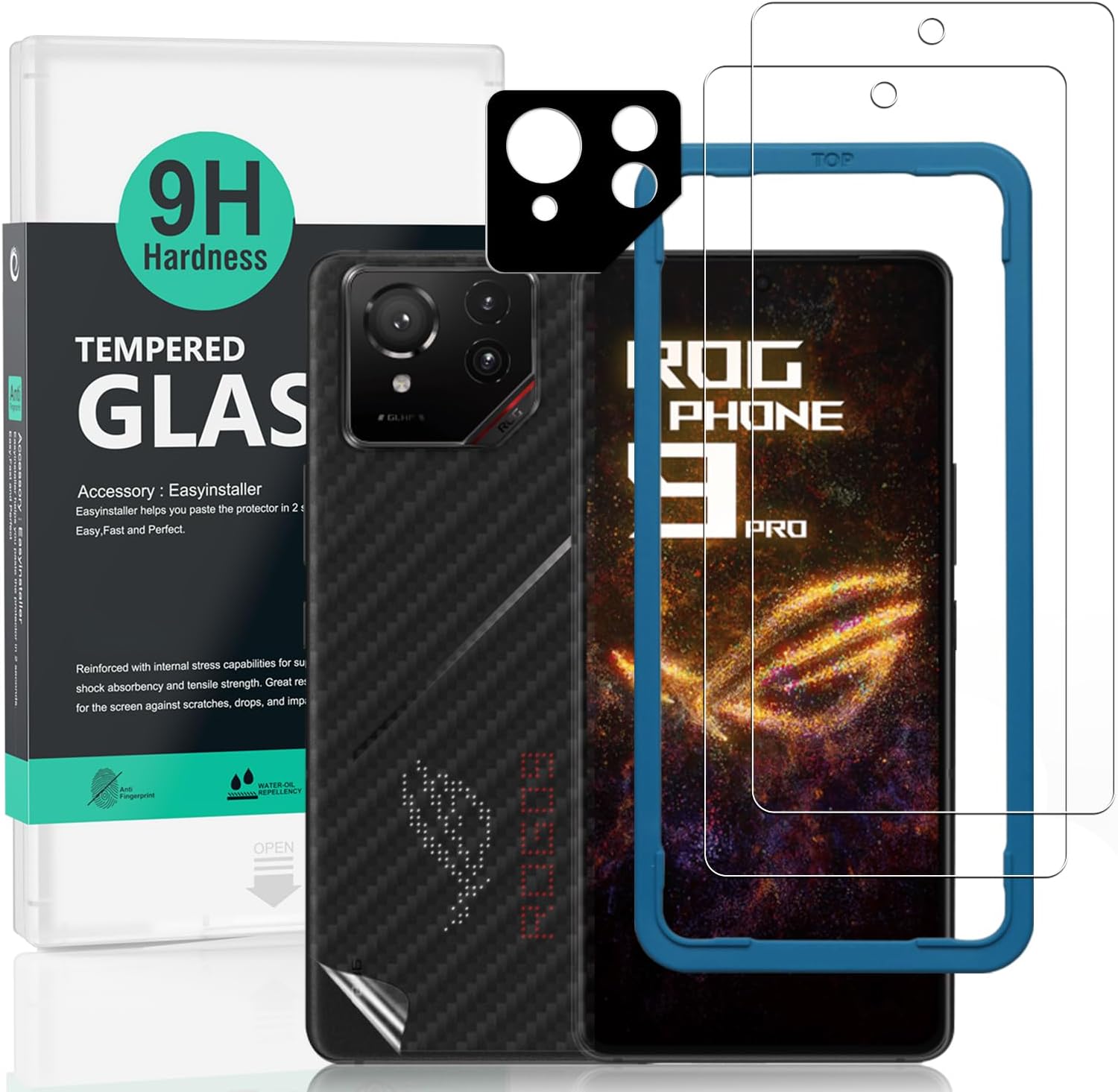 Ibywind 2 Pack Screen Protector For Asus ROG Phone 9 Pro 5G,9H Hardness Tempered Glass,With 1Pc Camera Lens Protector,1Pc Back Carbon Fiber Film,Easy to Install