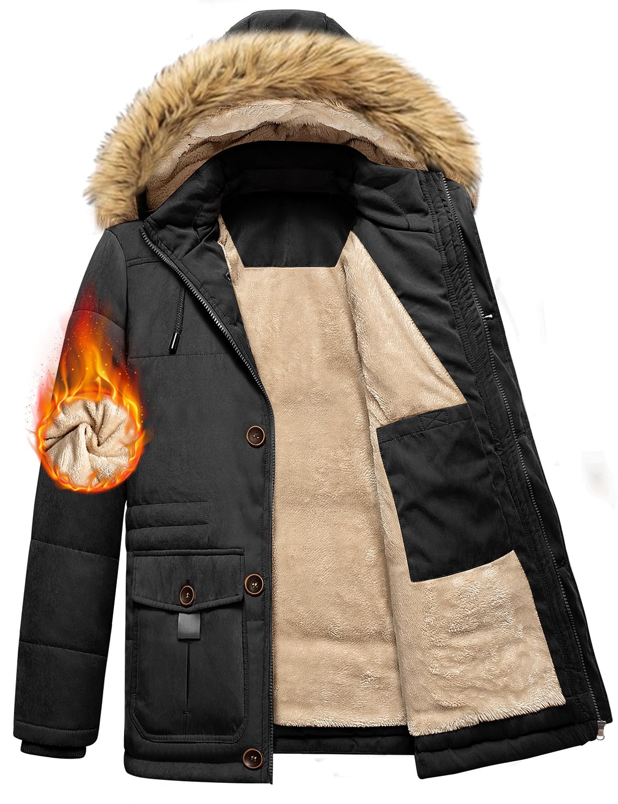 Homme Manteau D'hiver Veste Chaude Blouson À Capuche Fausse Fourrure Amovible Jacket Doublure Polaire D'extérieur Winter Décontractée Résistant Epaissé Avec Poches Coa