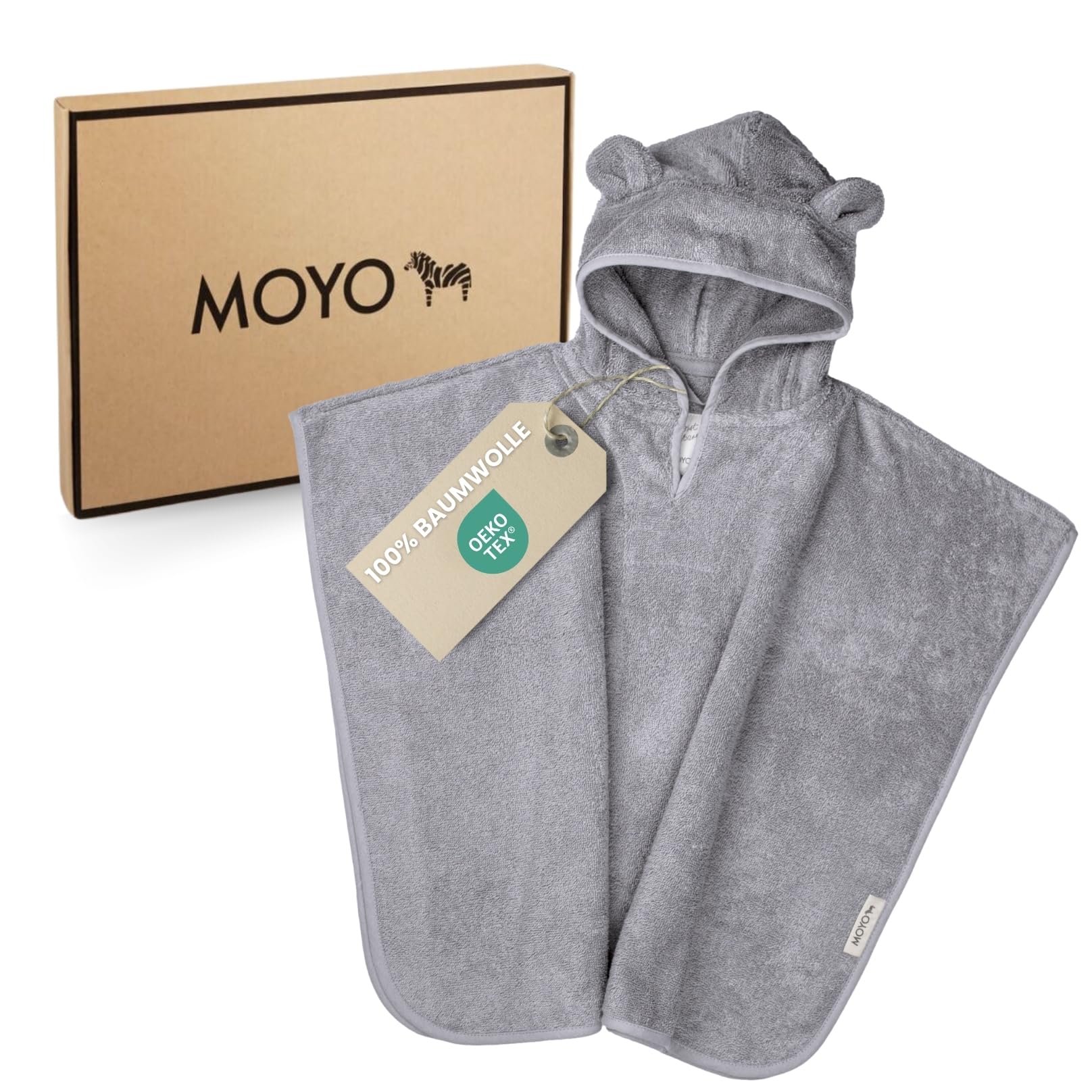 MOYO Baby Badeponcho Mit Bärenohren in Grau - Kapuzenhandtuch für 0-3 Jahre Aus 100% Frottee-Baumwolle - Waschbares Handtuch 68x56cm