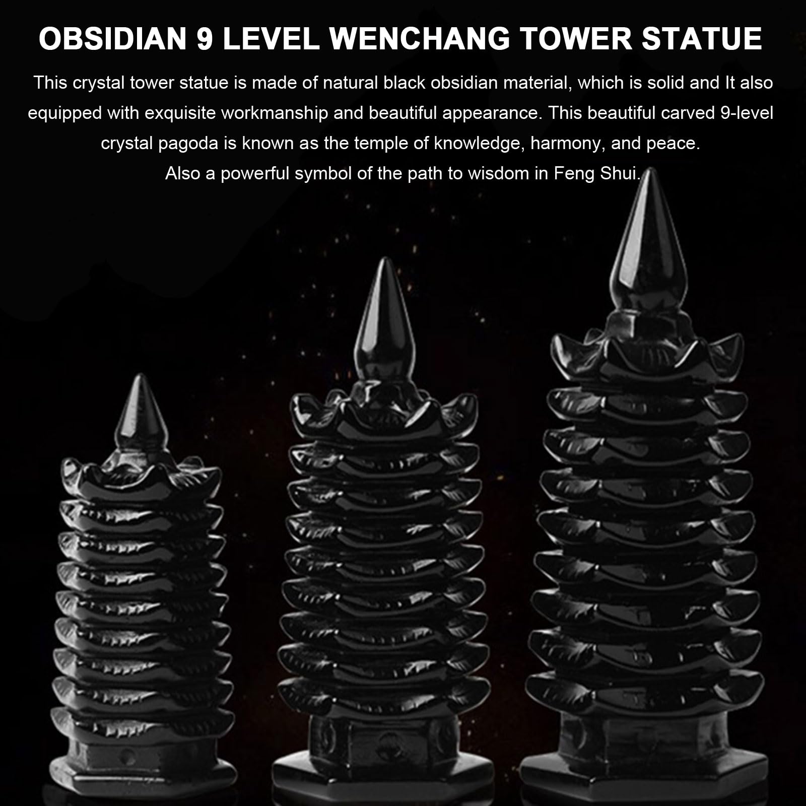 9-stufige Wenchang-Turmstatue aus natürlichem schwarzem Obsidian