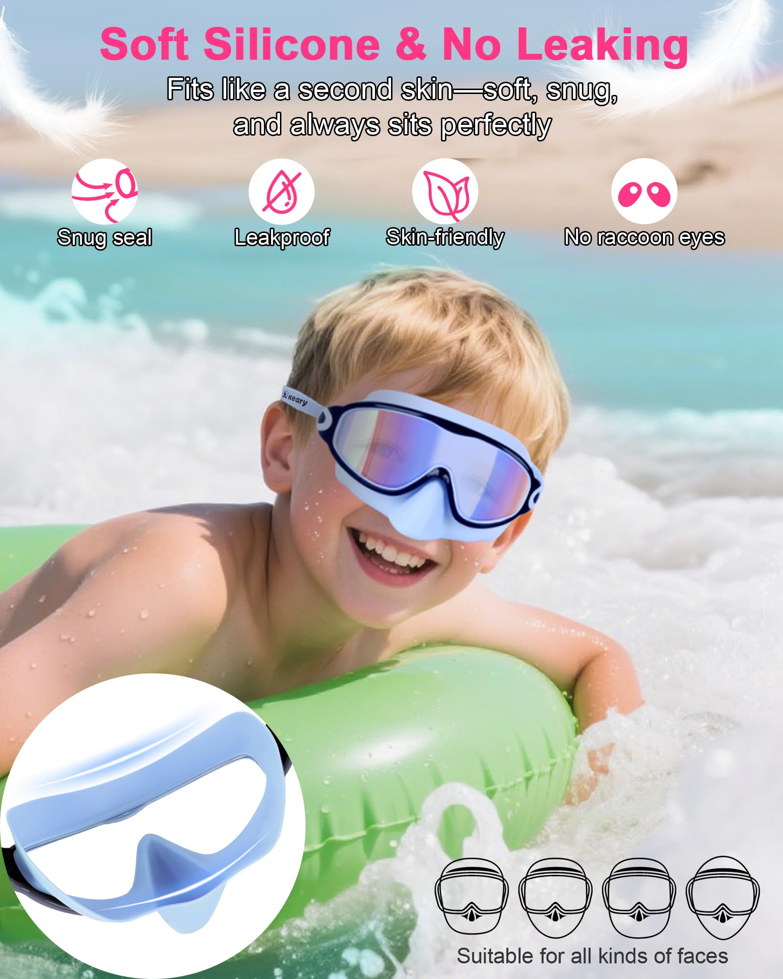 Keary Kids Swim Goggles with Nose Cover Swimming Goggles for Kids 6-14 8-12 Age 4-7 3-6 Toddler Boys Girl Youth Child Snorkel Mask Anti Fog Diving Masks Pool Water Glasses Round Frame Leakproof