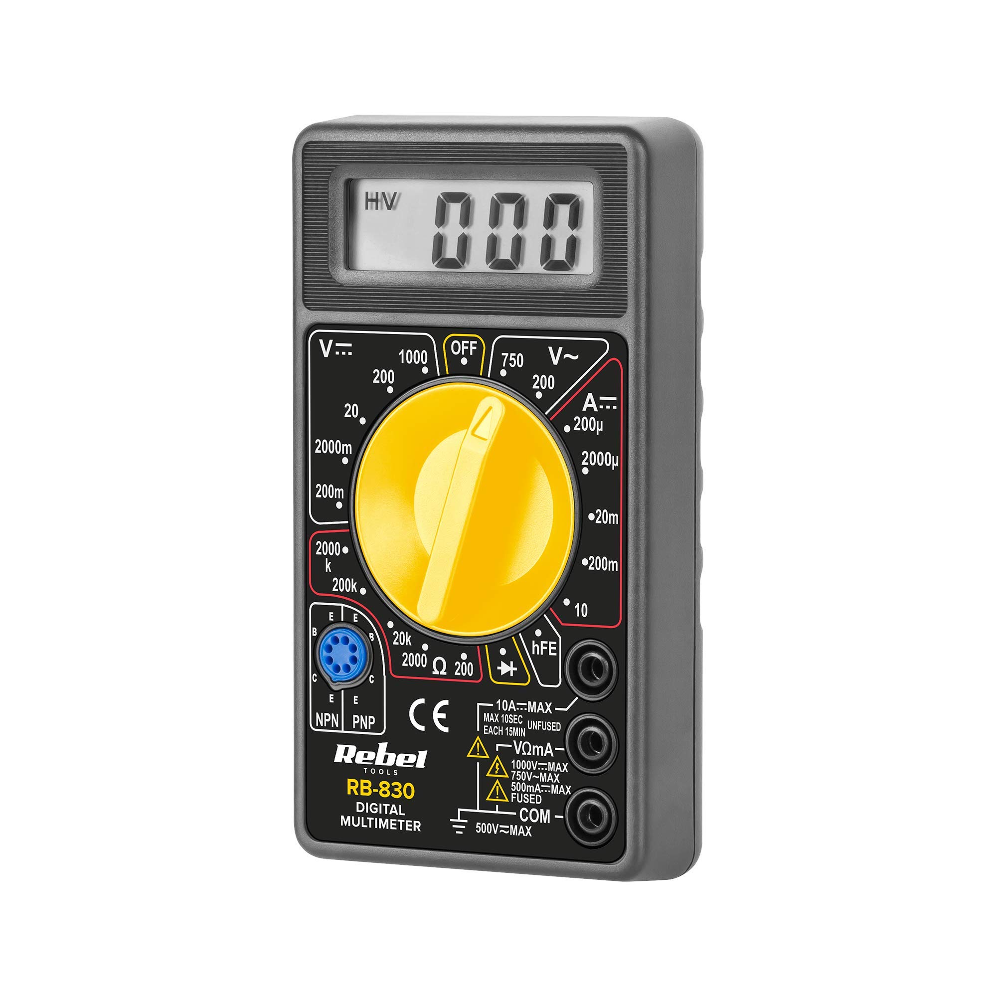 Zurück view of Rebel MIE-RB-830 Multimeter with battery compartment and warning label