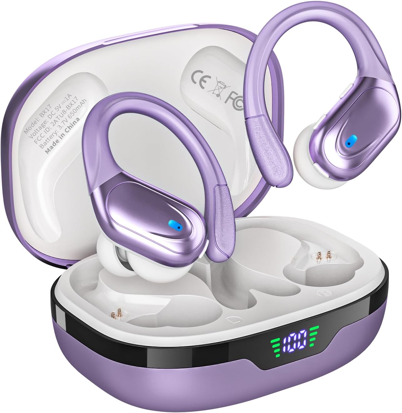 HAOYUYAN Wireless Earbuds Bluetooth 5.3 Headphones with 80H Playback, IPX7 Waterproof Over Ear Buds with LED Power Display for Sports Running Workouts (Purple)