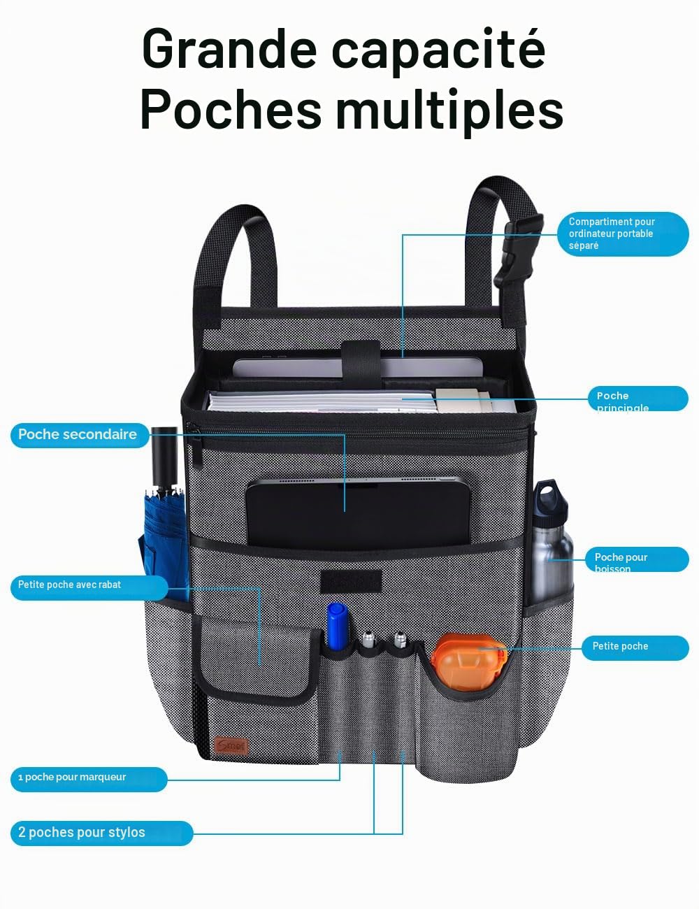 Smof Organisateur de siège arrière pour siège avant/passager, organiseur de siège arrière pour fichiers, fournitures de bureau, organiseur de siège arrière pour enfants avec poche séparée pour