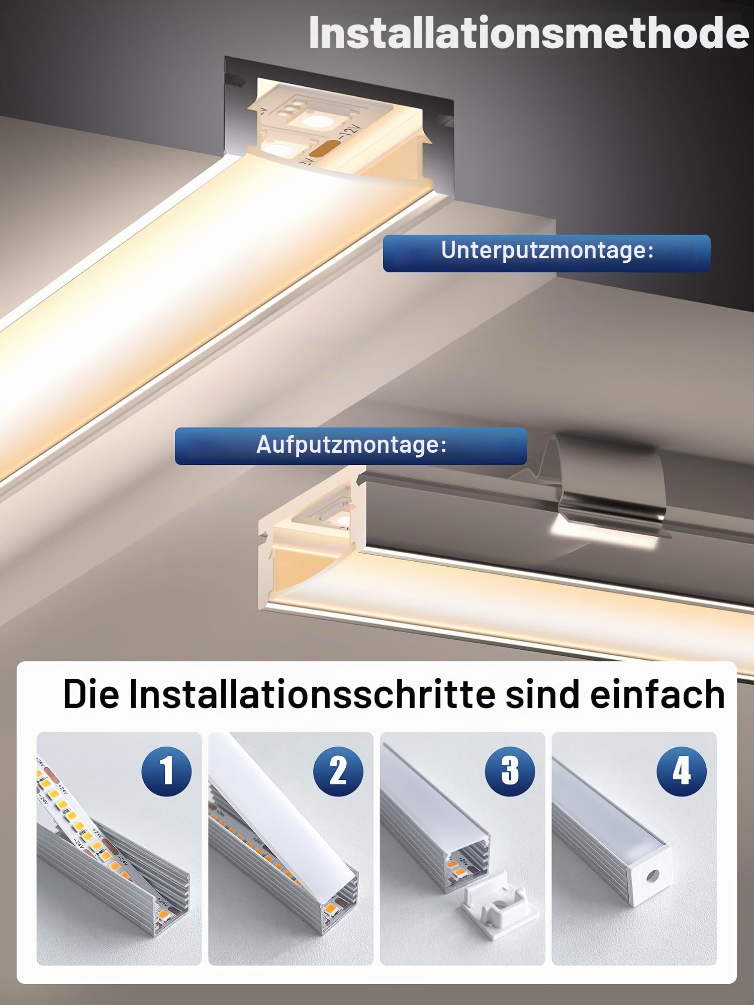 LED Aluminium Profil U-Form 2M*10pcs(20M) mit Milchig Weißer Abdeckung Kanal Diffusor Alu LED leisten Schienen kanalleiste Aluprofil Streifen Profile lichtkanal led strip aluschiene unterputzprofil