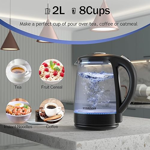 Miniatura 5 de Stariver Hervidor eléctrico, hervidor de té eléctrico de 2 L, hervidor de vidrio sin BPA con LED, hervidor de agua caliente con hervidor rápido,