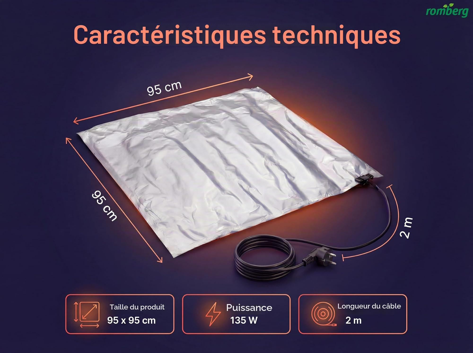 Romberg Skinnyheat - Tapis Chauffant pour Tente de Culture - 95 x 95 cm - 135 W - Convient pour Tente de Culture de 100 x 100 cm - Tapis Chauffant pour Serre et Plantes - pour la Culture - IP67