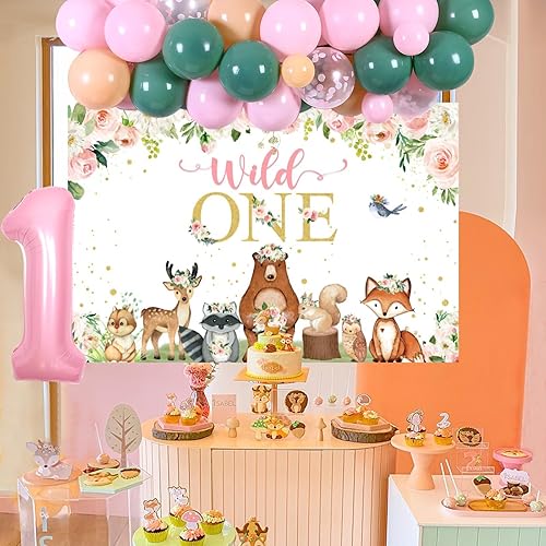Miniatura 3 de Decoraciones de primer cumpleaños del bosque para niña, kit de arco de guirnalda de globos con telón de fondo rosa para animales del bosque,
