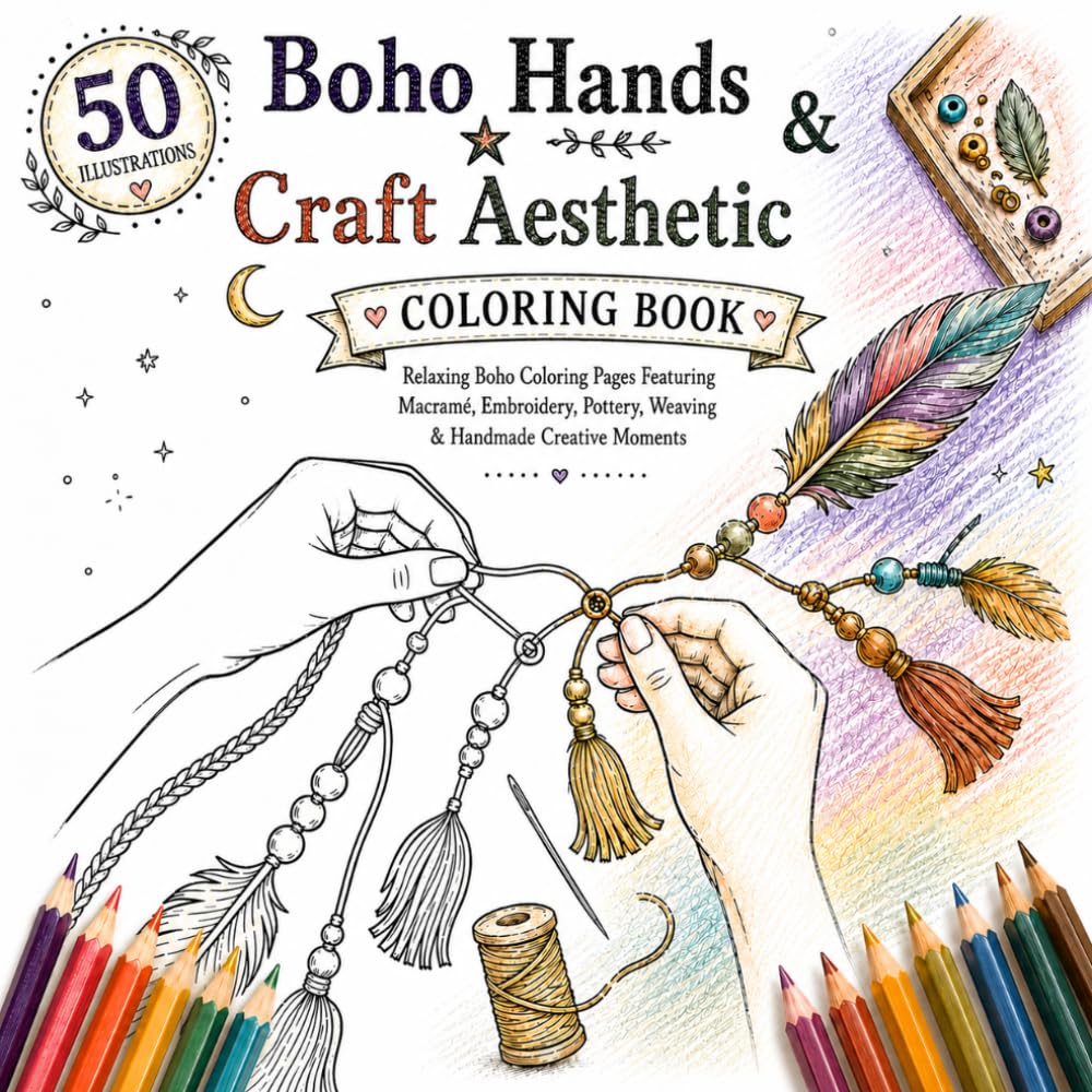 Boho Hands & Craft Aesthetic Coloring Book: Relaxing Boho Coloring Pages Featuring Macramé, Embroidery, Pottery, Weaving & Handmade Creative Moments (Boho Serenity Coloring Book Collection)