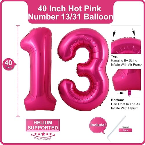 Miniatura 2 de Lovoir Globo de 40 pulgadas color rosa intenso con el número 31 de 13 dígitos gigantes de papel de aluminio Mylar para helio rosa intenso para