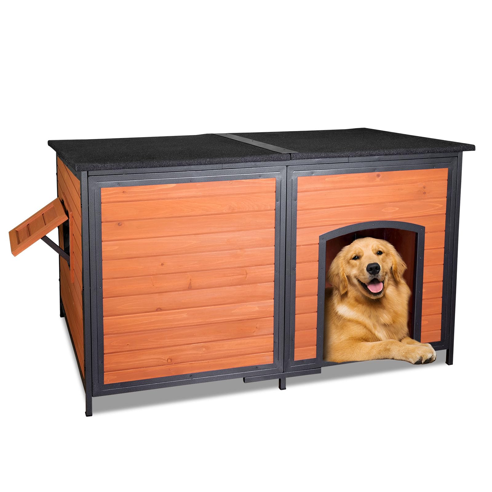 Extra Large Outdoor Wooden Dog House, Weatherproof, Chew-Proof Metal Frame