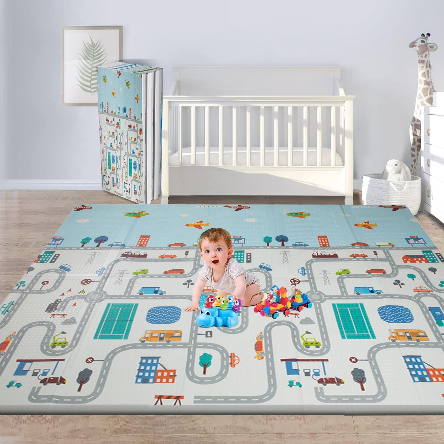 Junior Kingdom Play Mat (200cm X 180cm X 1.5cm) Playmat Play Babies Extra Thick Crawling Mat Water Proof and Reversible Large Soft for Toddler (Vehicles & Giraffes)
