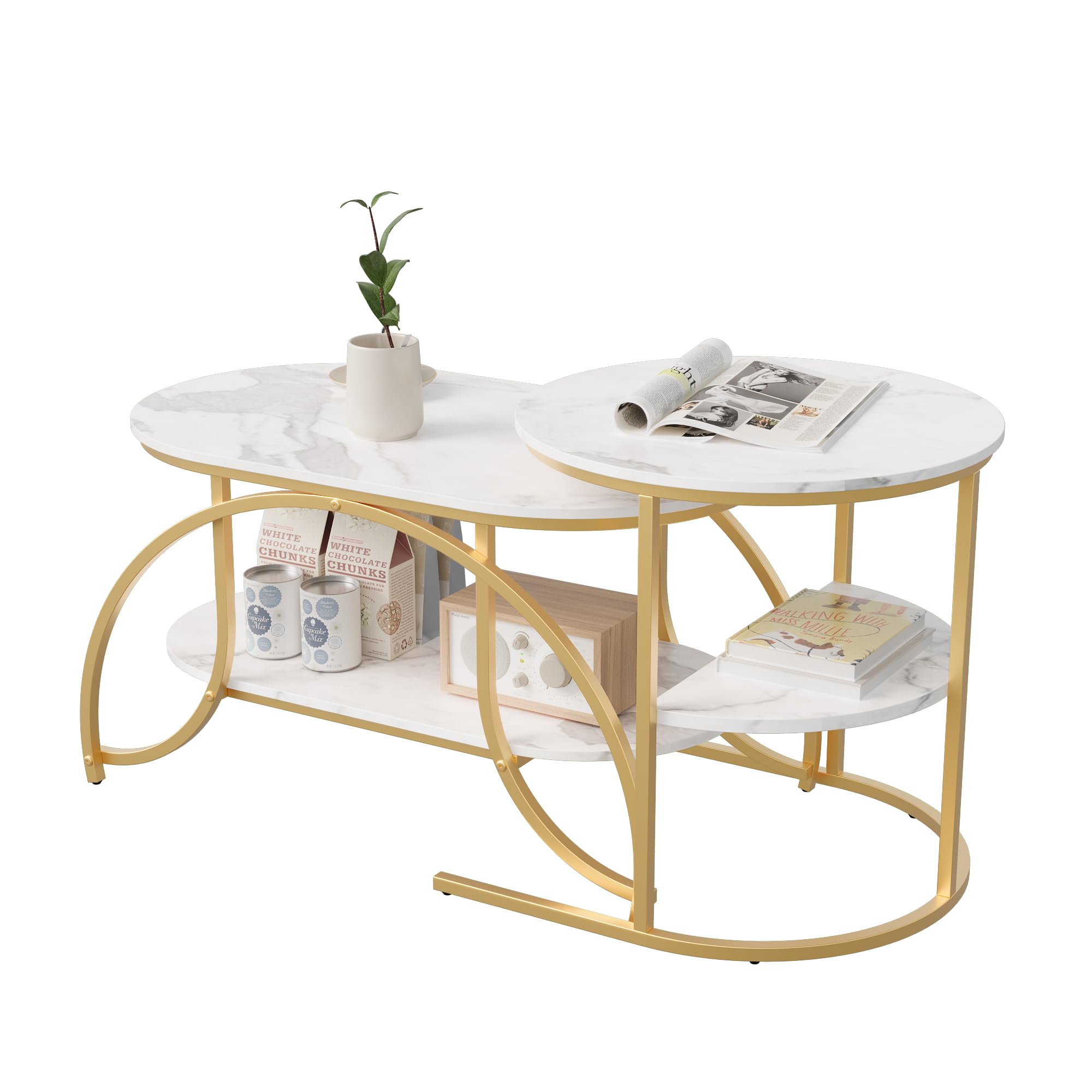 Set di 2 tavolini rotondi e ovali, con vano portaoggetti, effetto marmo, telaio in metallo, tavolo da salotto, tavolino da caffè, bianco e oro