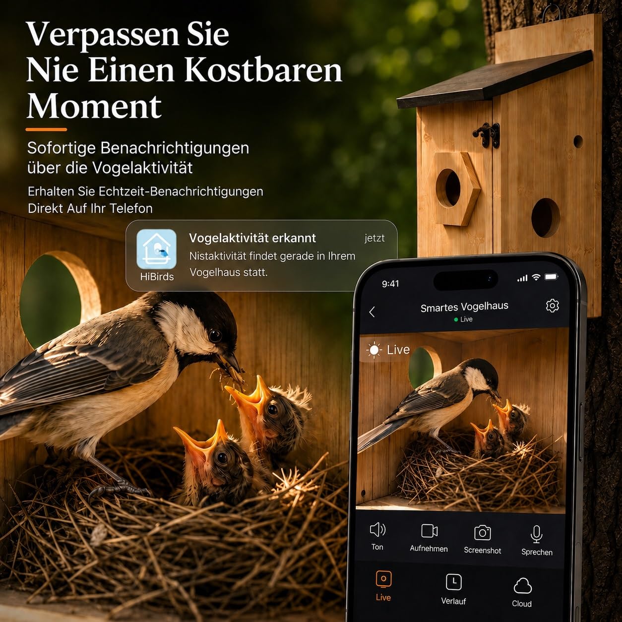Vogelhaus mit Kamera, 5MP HD Nistkasten für draußen, 2,4G WiFi & App Benachrichtigung, Beobachtung von Nestbau und Brut, Automatische Aufnahme von Vogelvideos & Bewegungserkennung, Solarbetrieb
