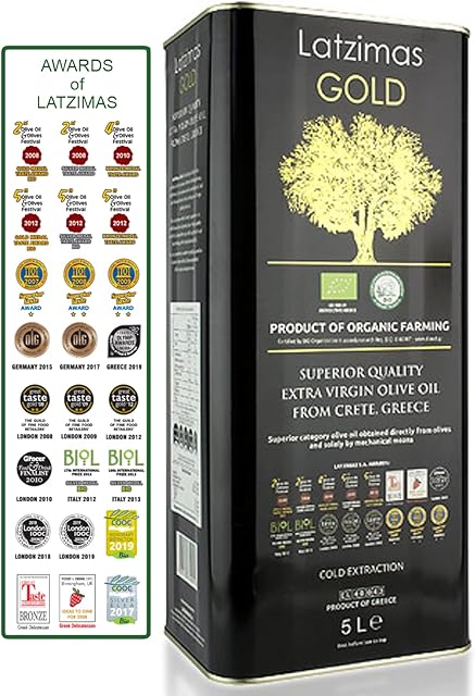 Latzimas GOLD ORGANIC BIO Awarded Superior Extra Virgin Olive Oil from Crete, Greece - Cold Extraction by Mechanical Means with Excellent Taste, Aroma and Purity (5 lt)