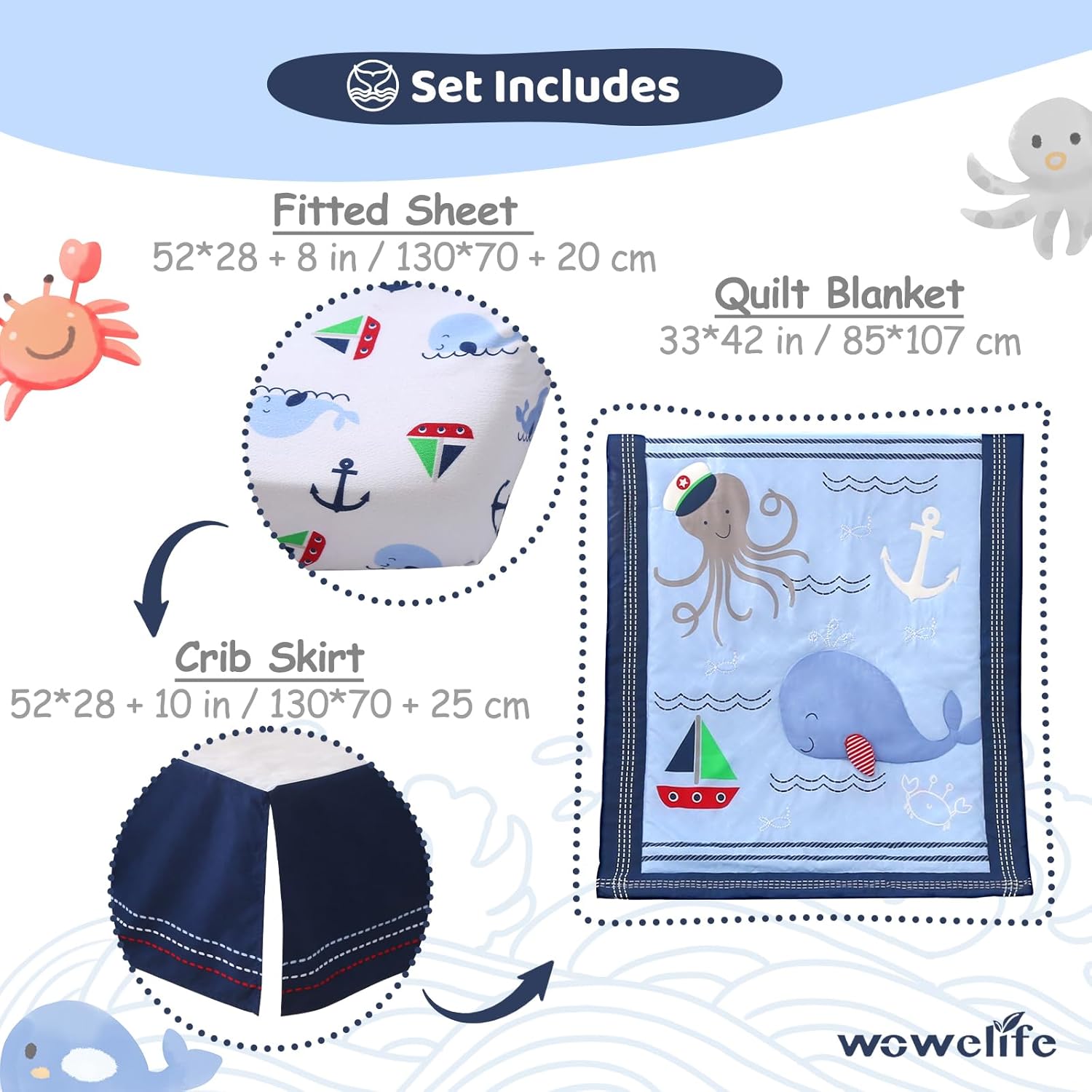 Wowelife Nautical Crib Bedding Sets 3 Piece Whale Crib Comforter Bed Set Sea Crib Bedding Set Nursery Bedding Set with Comforter,Skirt and Fitted Sheet