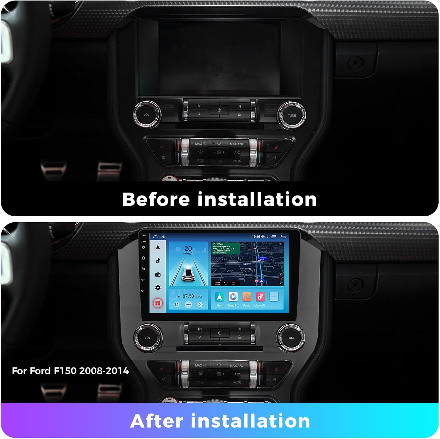 Comparison image showing a Ford Mustang dashboard before and after installation of the Fellostar head unit. The 'Before installation' image shows the factory radio, and the 'After installation' image shows the new 9-inch touch screen unit seamlessly integrated.