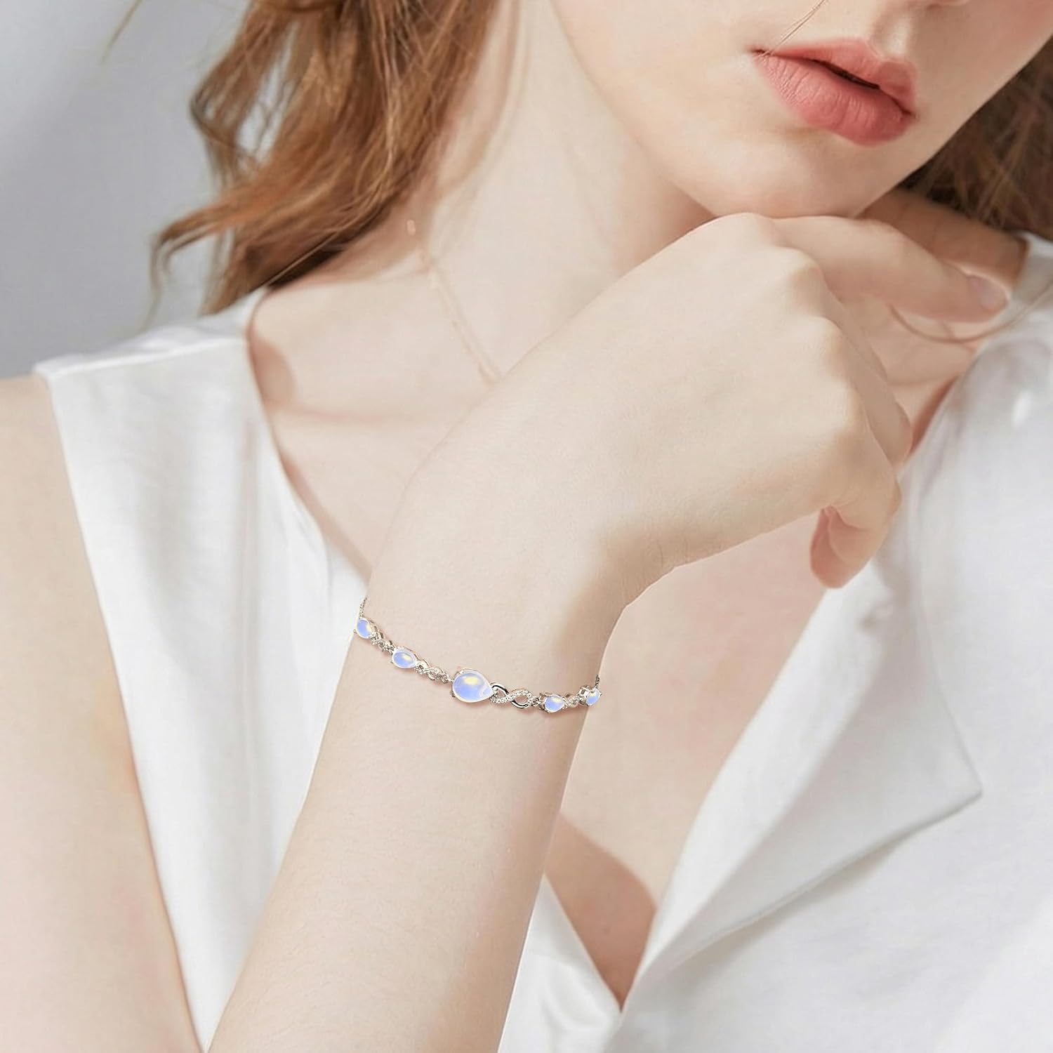 Birthstone Teardrop Infinity Bracelet for Women, Sterling Silver 9x7mm main Gemstone Charm Link Bracelet Adjustable, Anniversary Day Gifts for Wife Jewelry Gifts for Women Mom Girlfriend Her