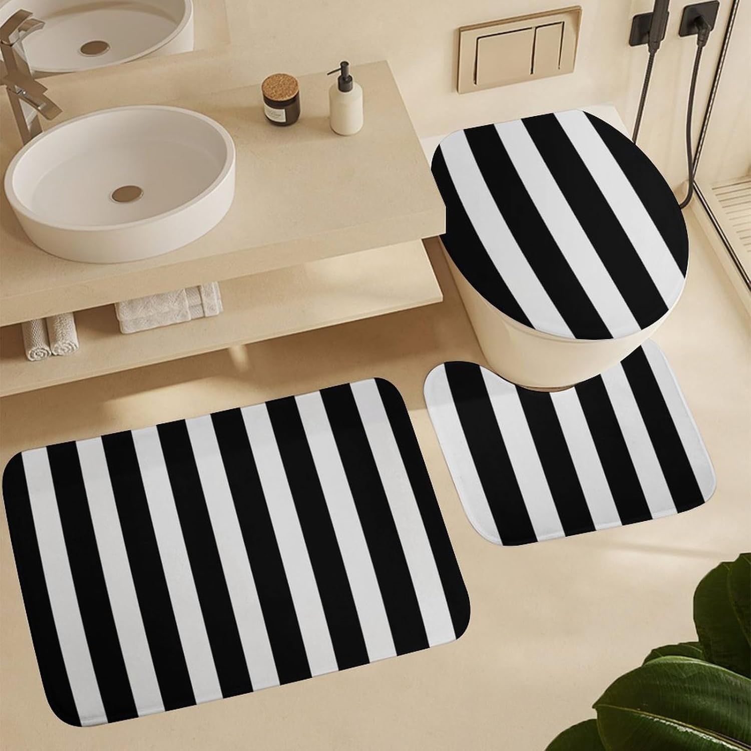 4 Piece Bathroom Rug Set with Shower Curtain, Non-Slip Bath Mat Toilet Cover Set, Black & White Stripe Bathroom Rug Sets