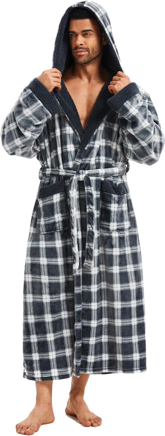 iniber Mens Hooded Robe, Soft Lightweight Plush Robes for Men, Warm Long Fleece Men's Bathrobe with Pockets - Image 2