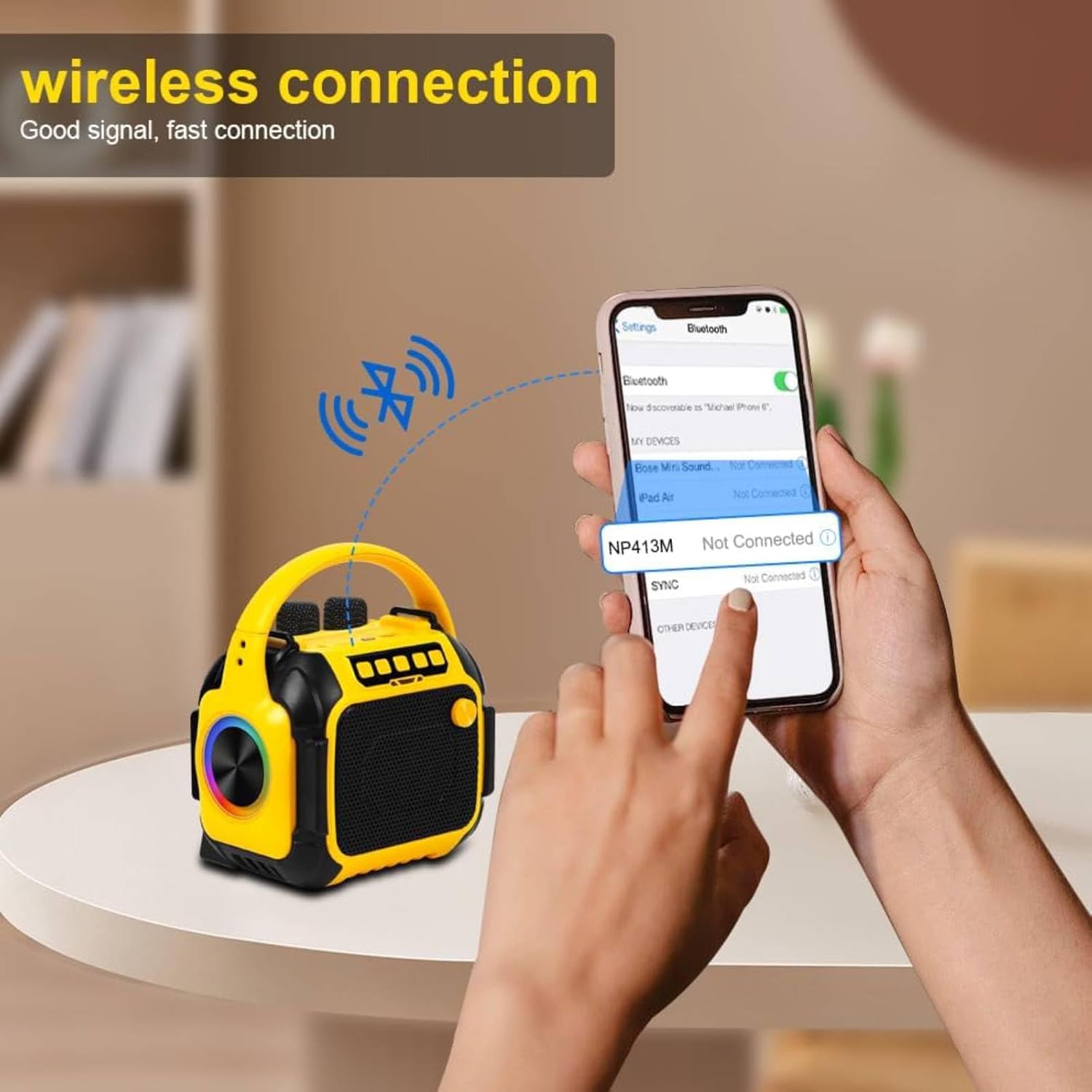 Karaoke Machine for Adults & Kids with 2 Wireless Microphones, 10W Portable Bluetooth 5.2 Karaoke Speaker with DJ Party Lights, Accompaniment Mode, Support USB/AUX/TF Card - Image 8