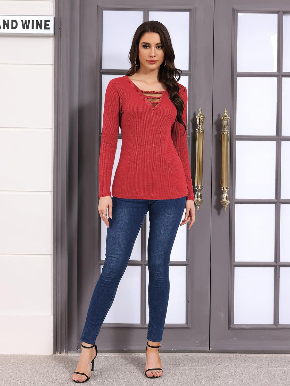 Poetsky Women's Casual V Neck Criss Cross Shirts Long Sleeve Tunic Tops Ribbed Knit Slim Fitted Tee - Image 6