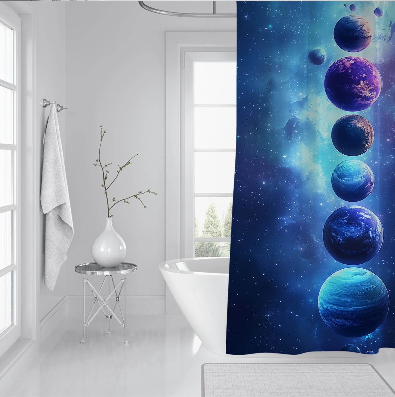 Cortina de ducha con tema espacial Cortinas de ducha con patrón de planeta creativo Cortina de ducha de tela impermeable para bañera de baño con ganchos 200Bx220Lcm
