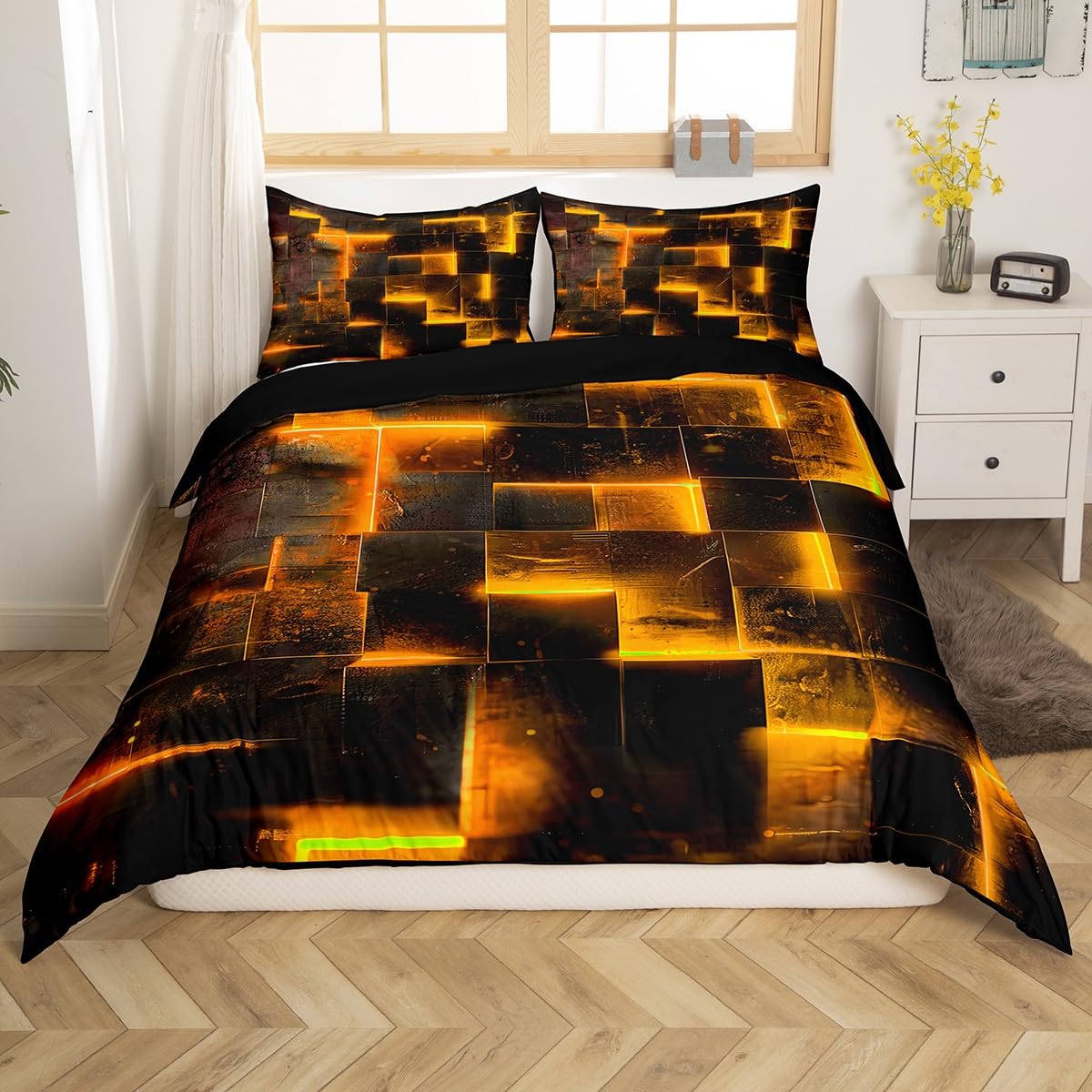 Homewish Schwarz und Orange Bettbezug Modern Abstract 135x200 Bettwäsche Set,3D Glühende Plaid Tröster Abdeckung Gradient Gitter Bett Set,Neon Quadratische Bettwäsche (Schwarz Reversibel)