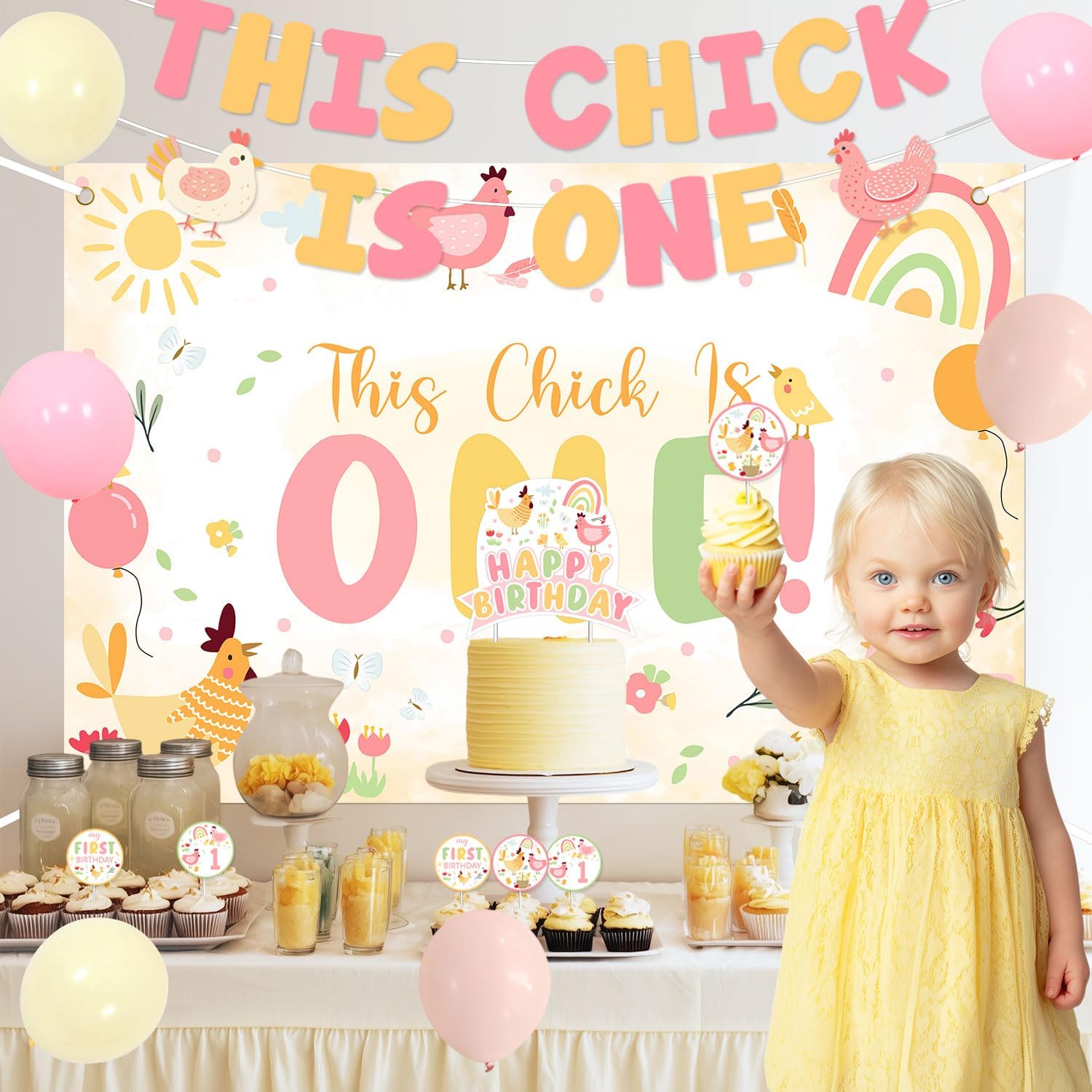 Chicken Themed 1st Birthday Decorations This Chick Is One Backdrop Farm Animals Banners Cute Chick Cupcake Cake Toppers Pink Orange Yellow Latex Balloons for Boys & Girls 1st Birthday Party Supplies - Image 5
